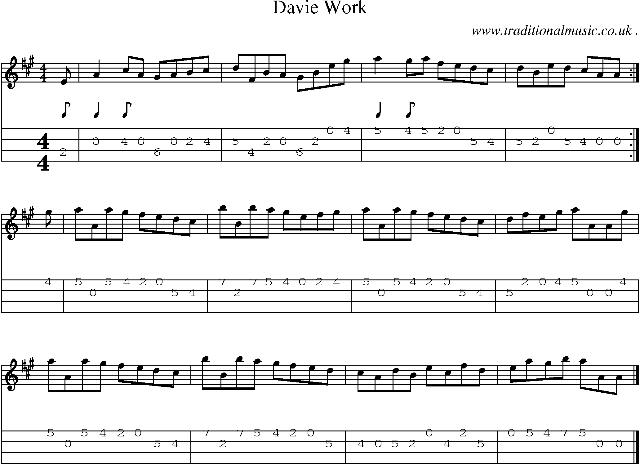 Sheet-music  score, Chords and Mandolin Tabs for Davie Work