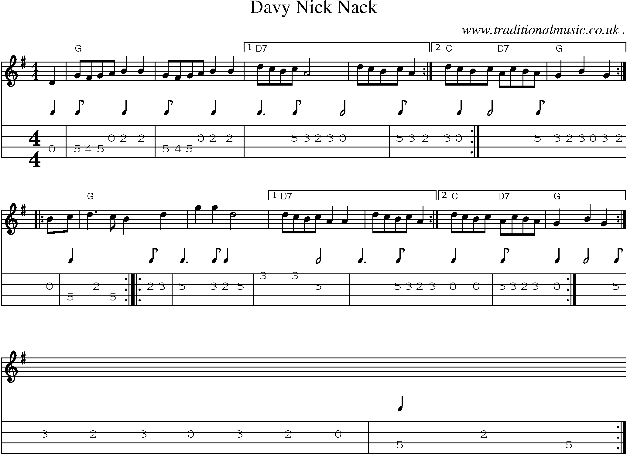 Sheet-music  score, Chords and Mandolin Tabs for Davy Nick Nack