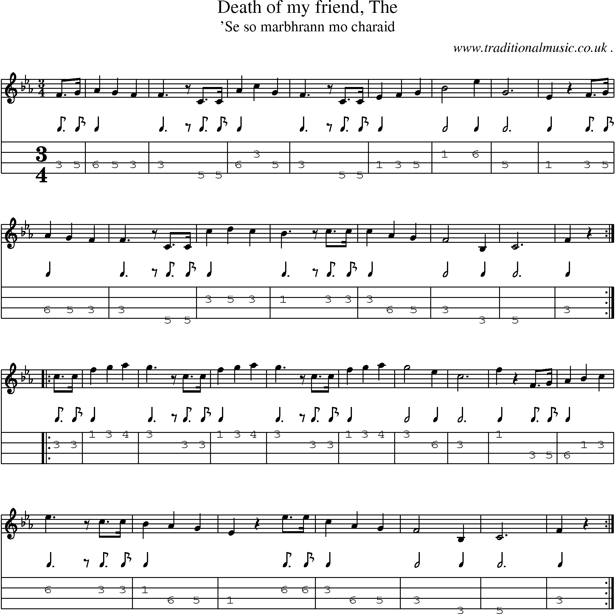 Sheet-music  score, Chords and Mandolin Tabs for Death Of My Friend The