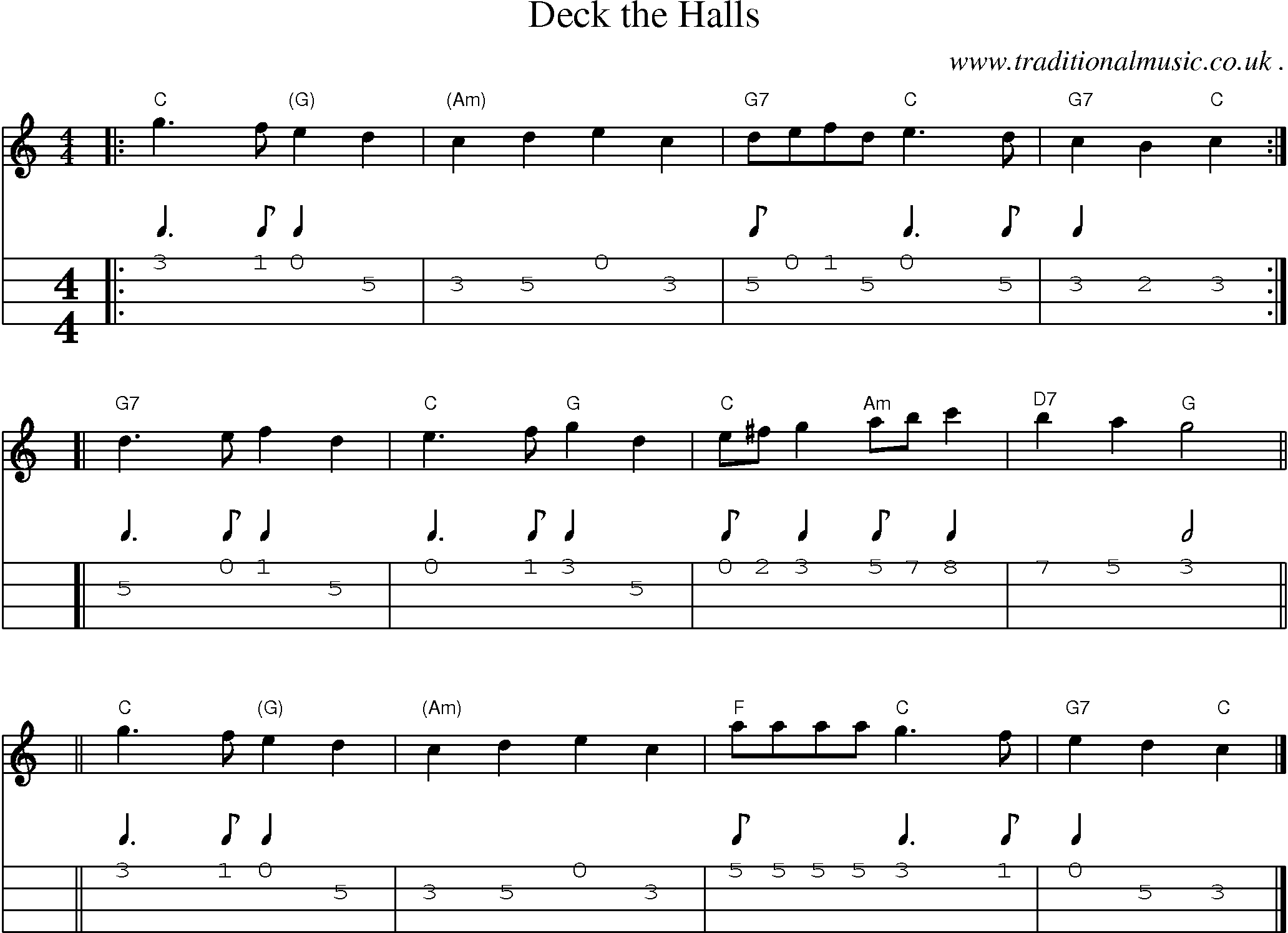 Sheet-music  score, Chords and Mandolin Tabs for Deck The Halls