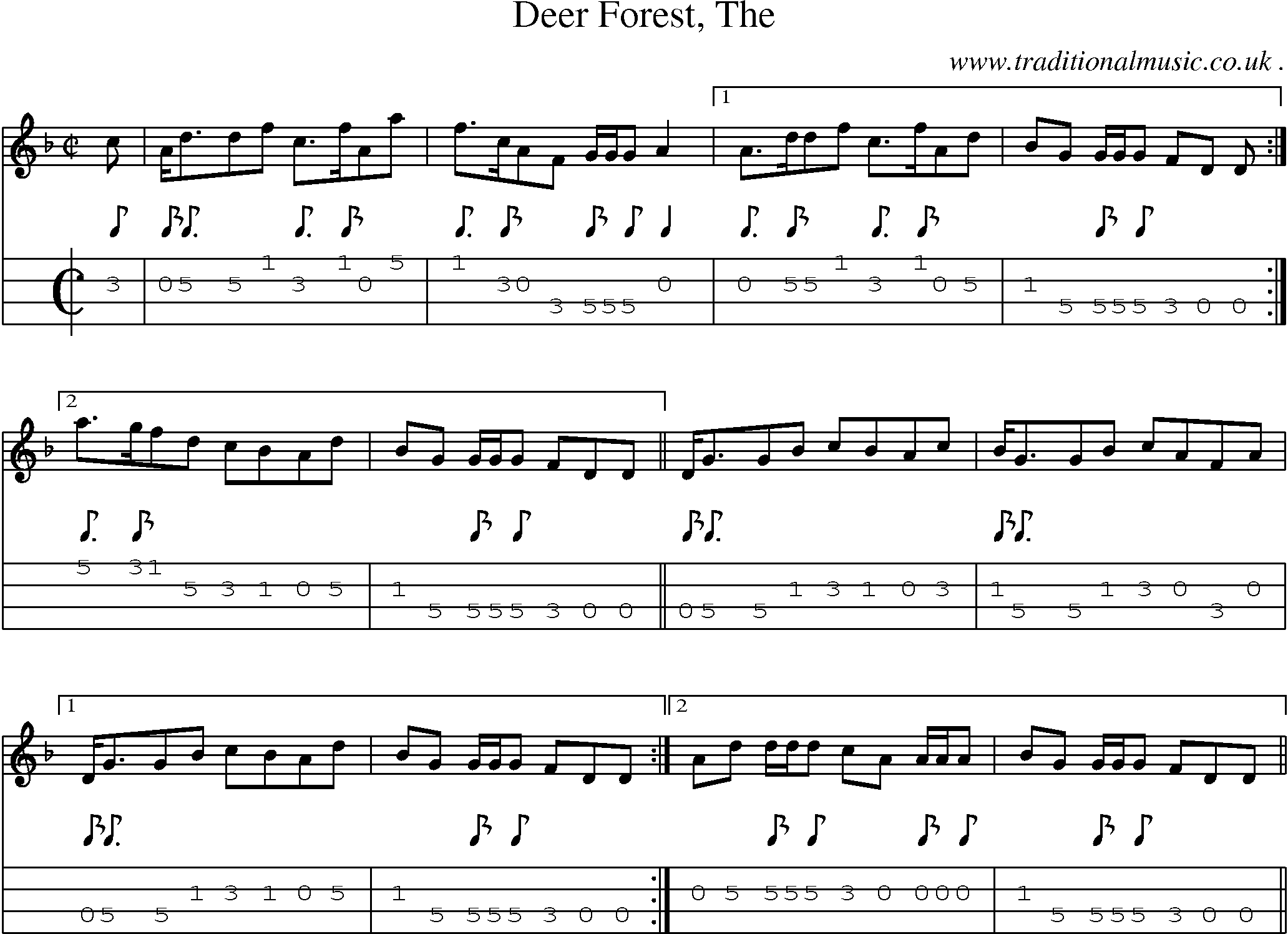 Sheet-music  score, Chords and Mandolin Tabs for Deer Forest The