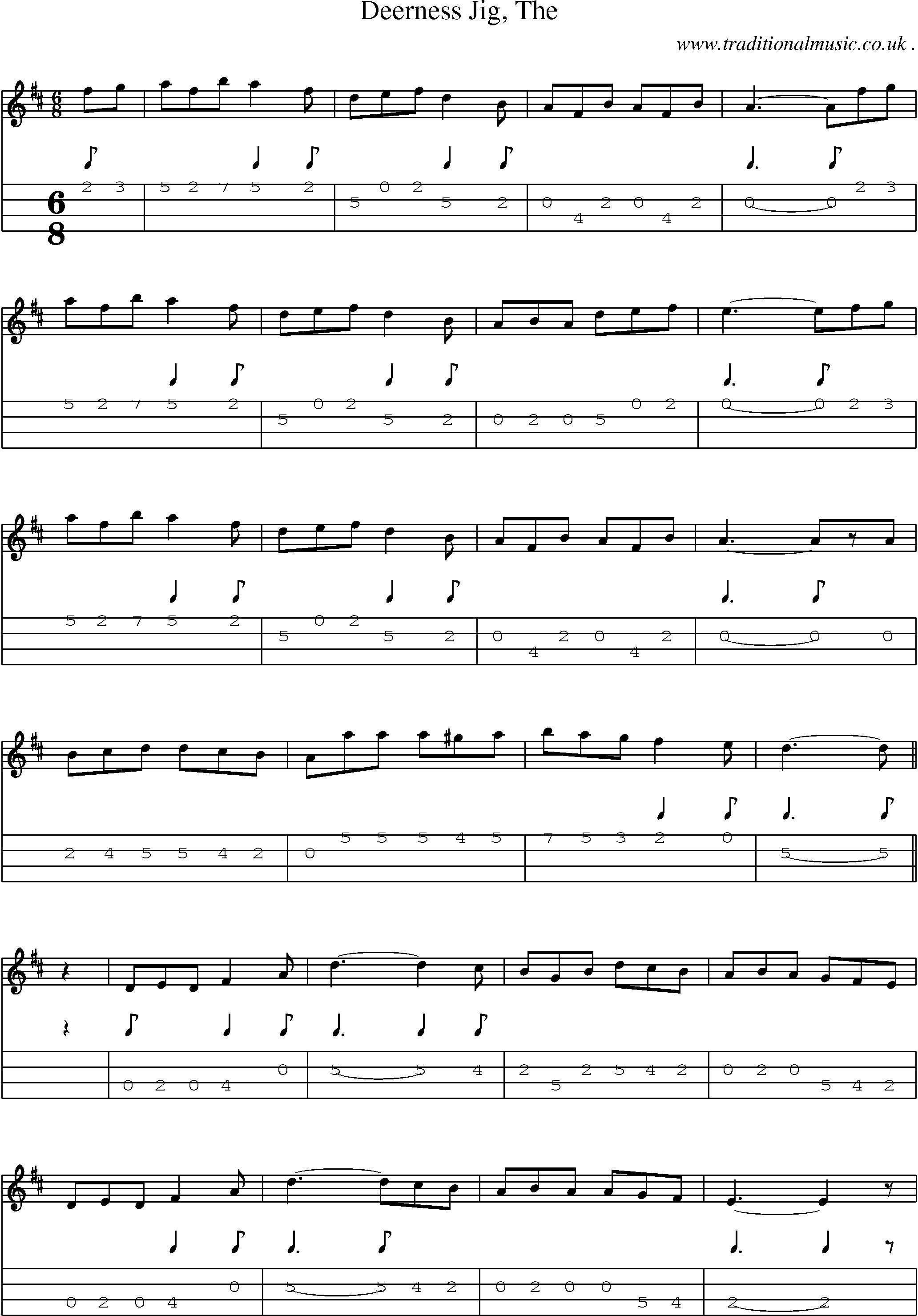 Sheet-music  score, Chords and Mandolin Tabs for Deerness Jig The