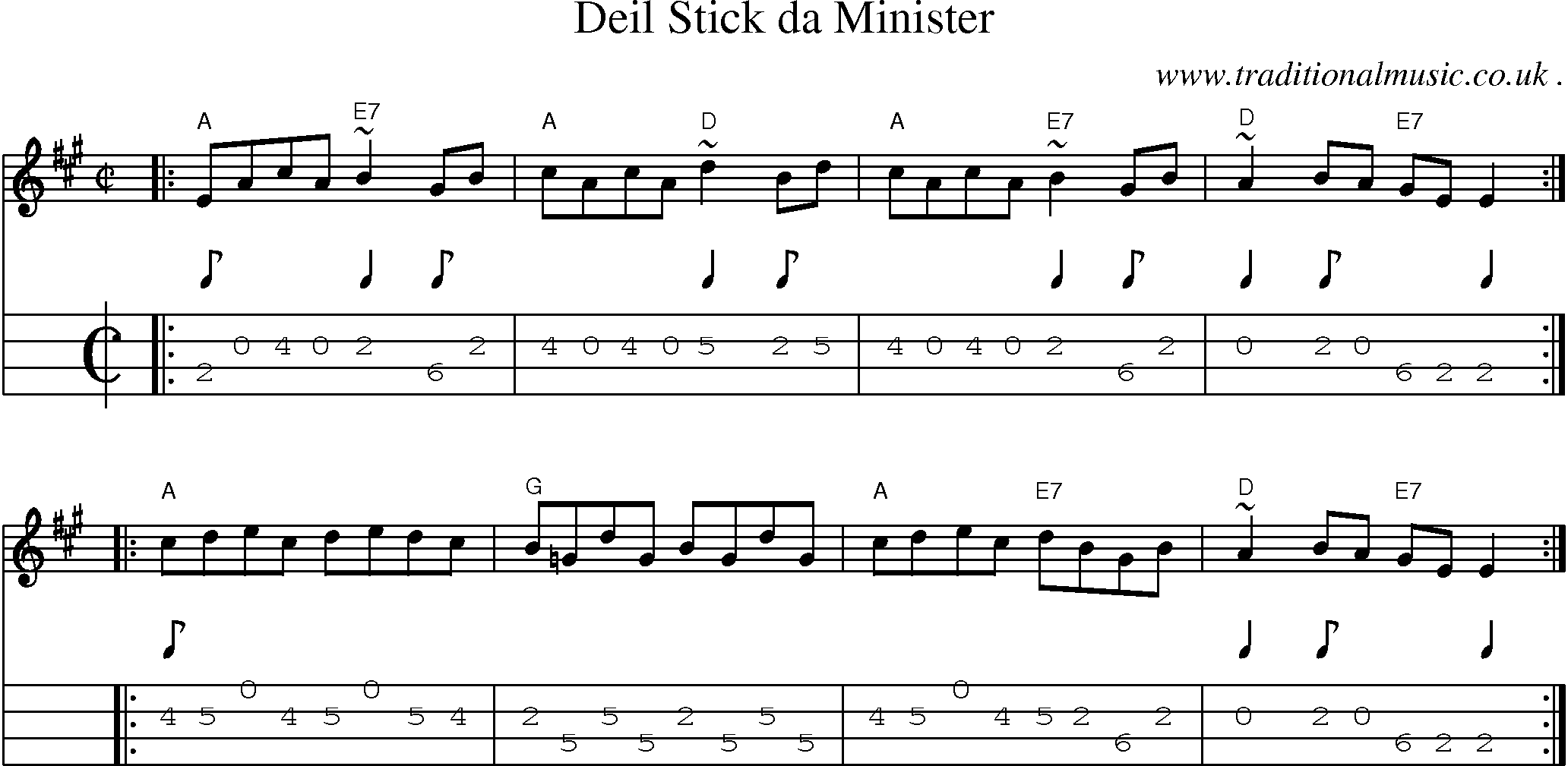 Sheet-music  score, Chords and Mandolin Tabs for Deil Stick Da Minister