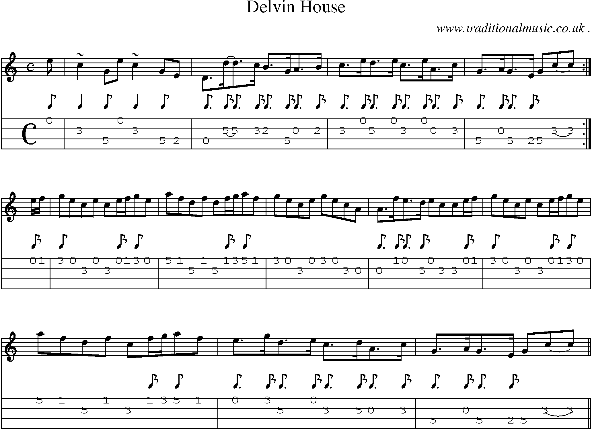 Sheet-music  score, Chords and Mandolin Tabs for Delvin House
