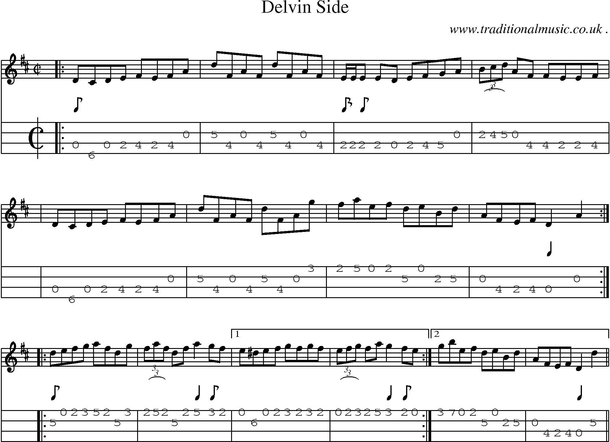 Sheet-music  score, Chords and Mandolin Tabs for Delvin Side