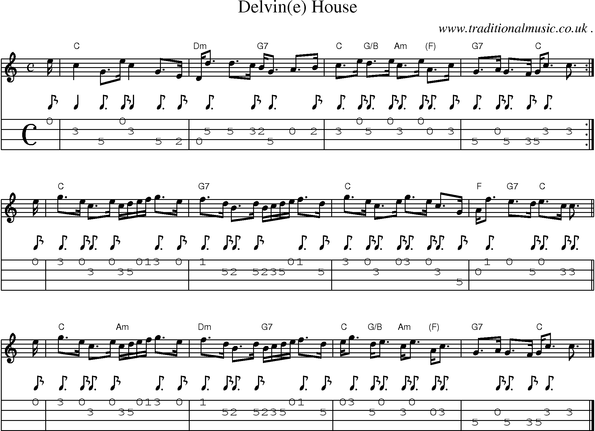 Sheet-music  score, Chords and Mandolin Tabs for Delvine House
