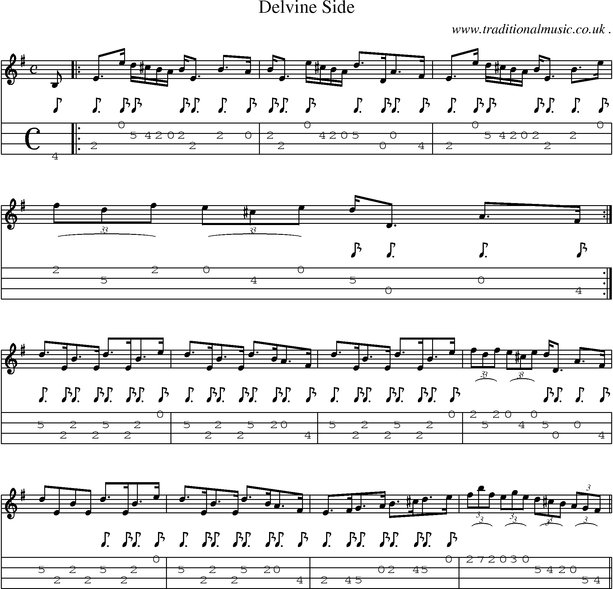 Sheet-music  score, Chords and Mandolin Tabs for Delvine Side