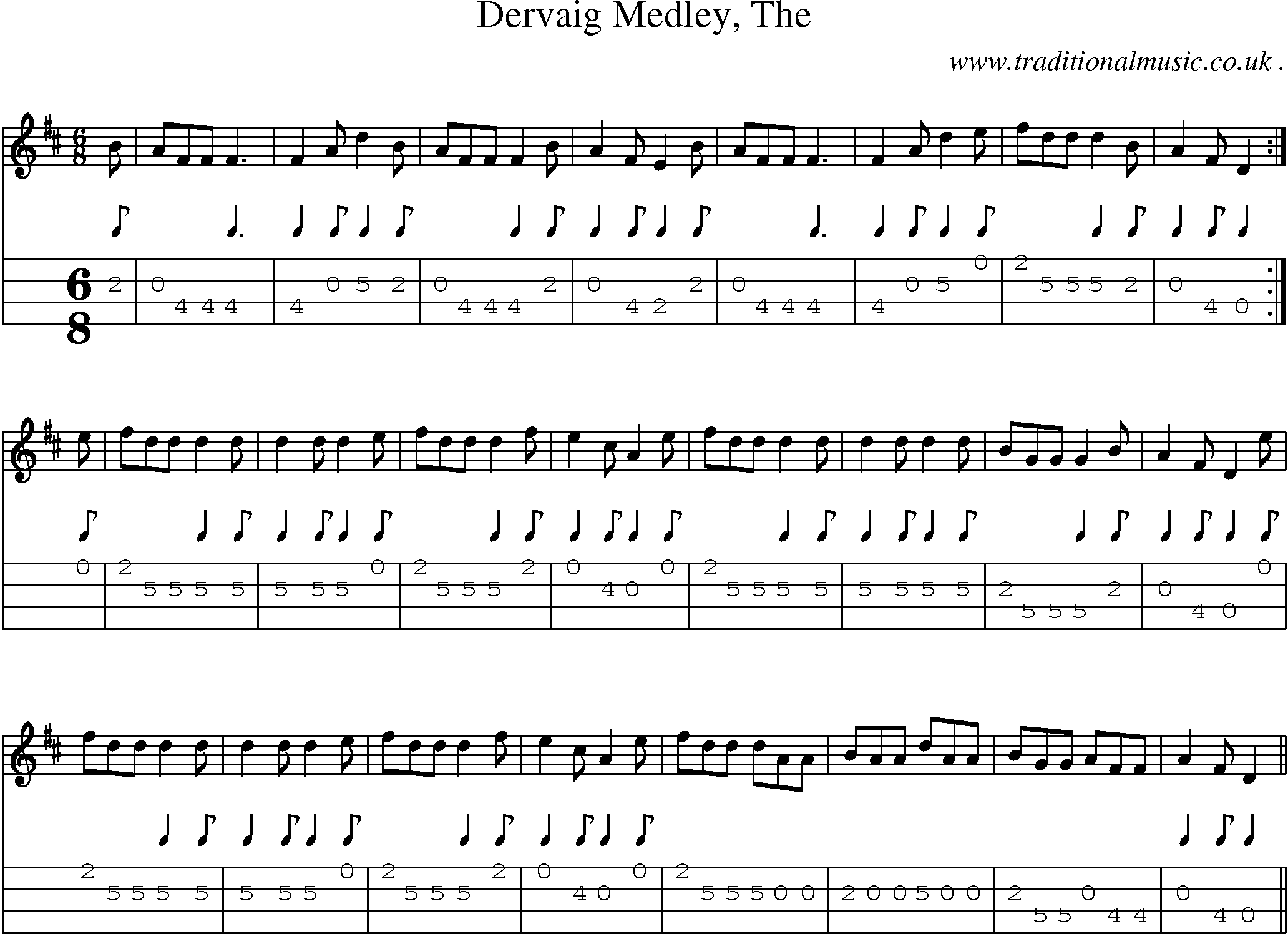 Sheet-music  score, Chords and Mandolin Tabs for Dervaig Medley The