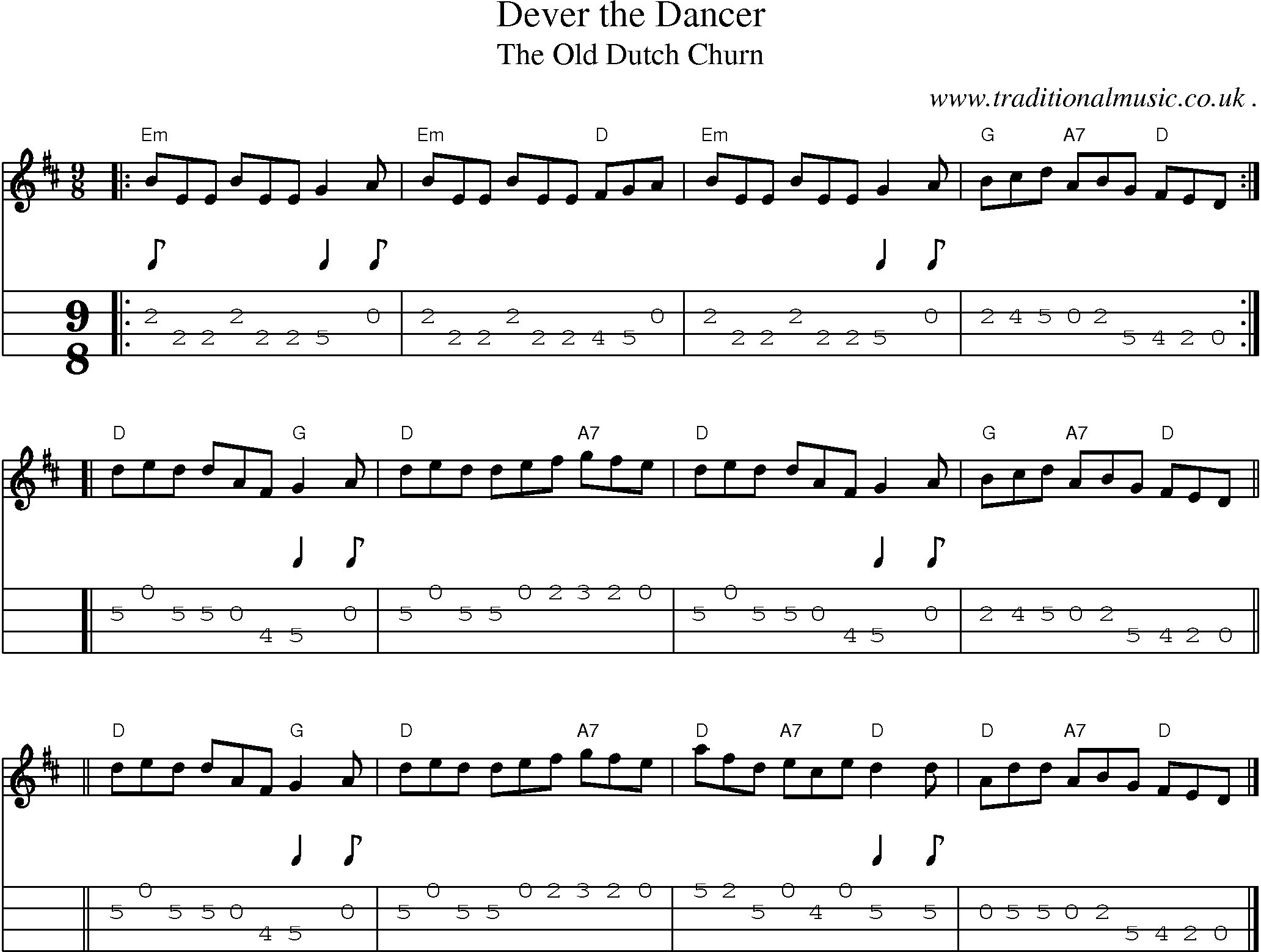 Sheet-music  score, Chords and Mandolin Tabs for Dever The Dancer