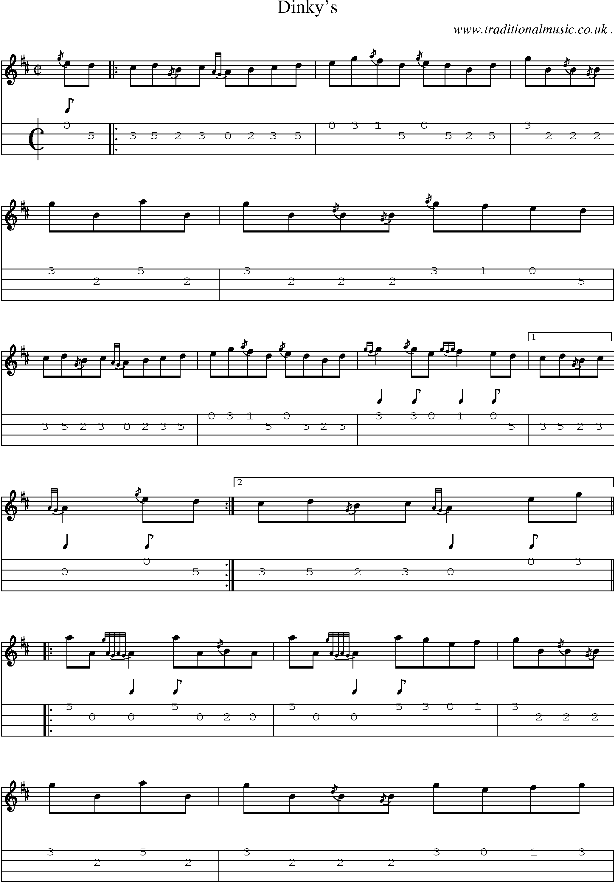 Sheet-music  score, Chords and Mandolin Tabs for Dinkys