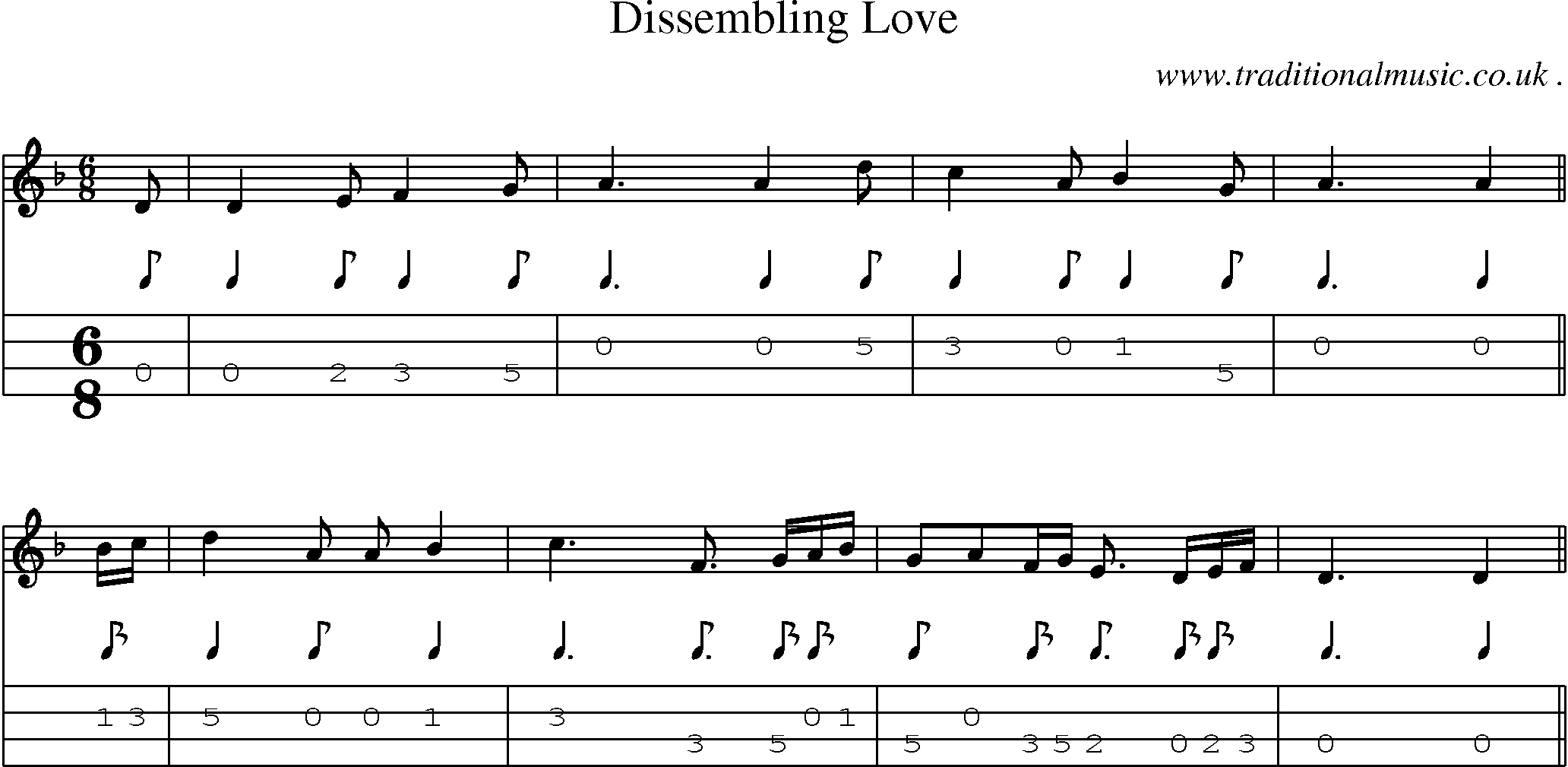 Sheet-music  score, Chords and Mandolin Tabs for Dissembling Love