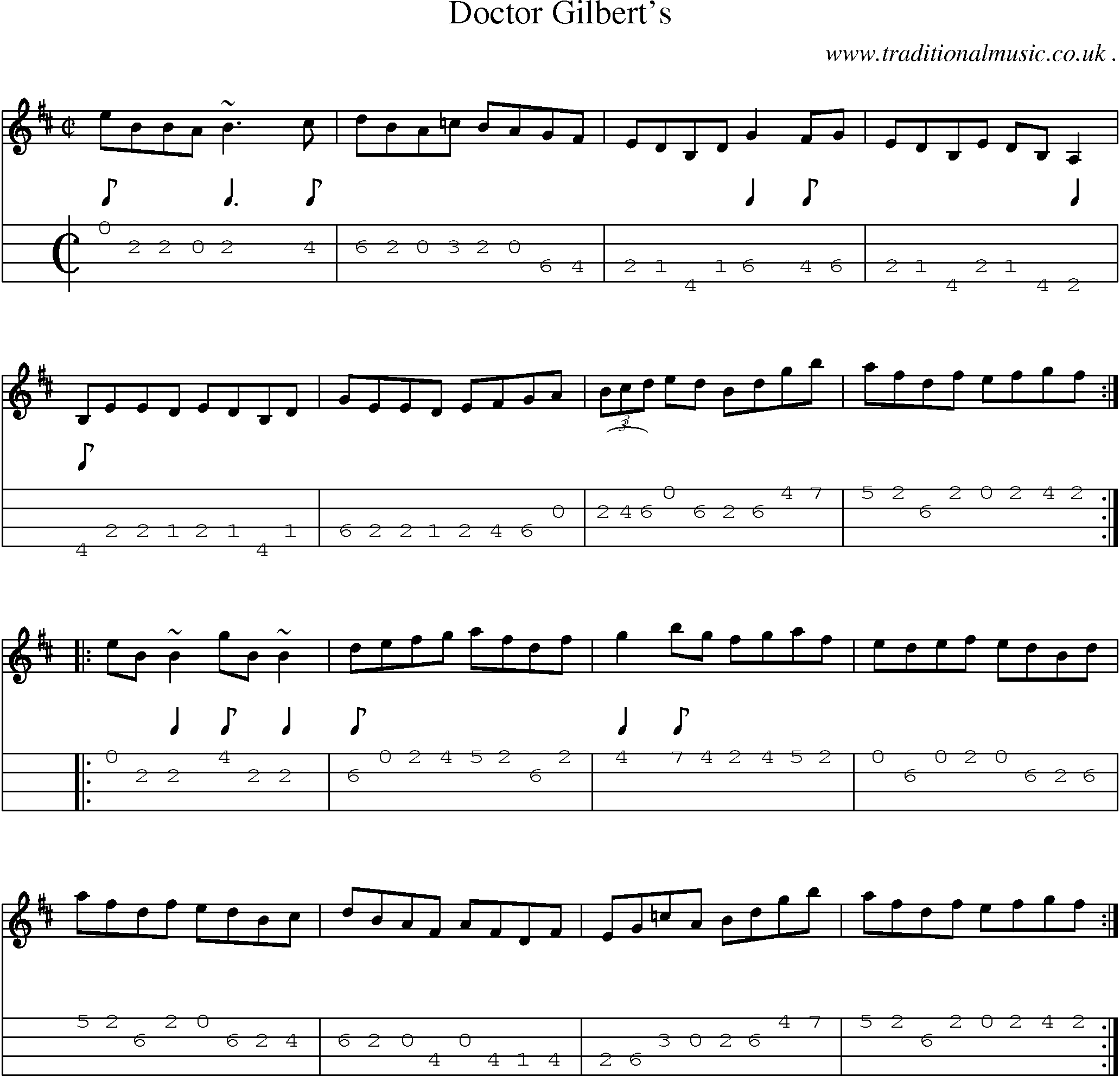 Sheet-music  score, Chords and Mandolin Tabs for Doctor Gilberts