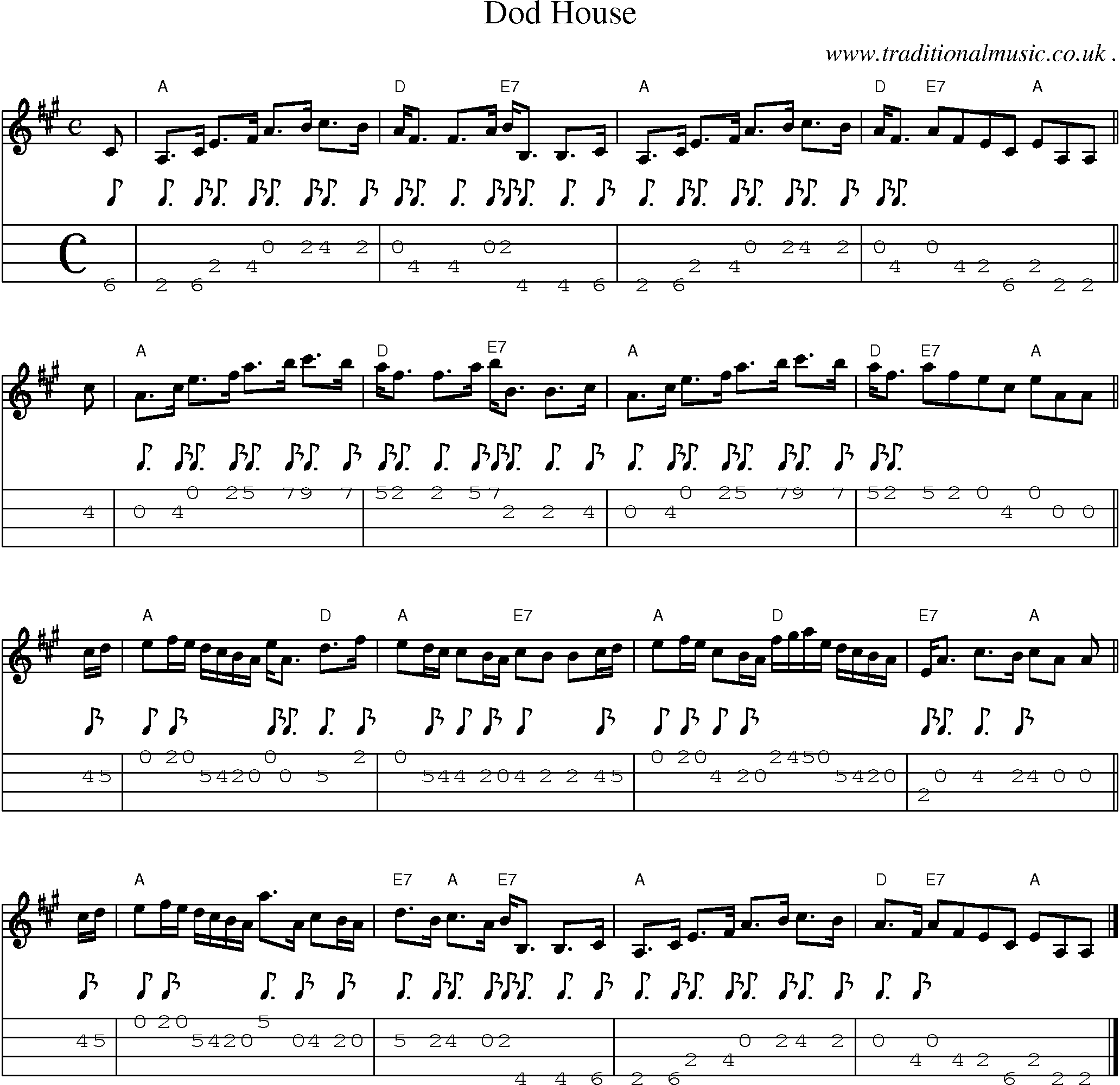 Sheet-music  score, Chords and Mandolin Tabs for Dod House