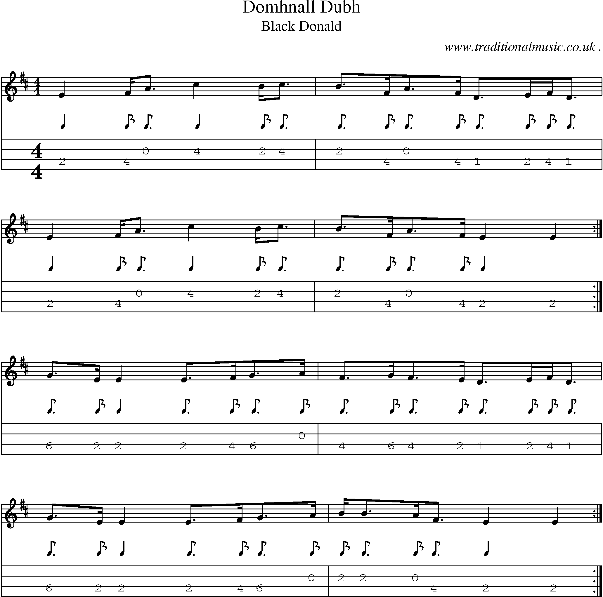 Sheet-music  score, Chords and Mandolin Tabs for Domhnall Dubh