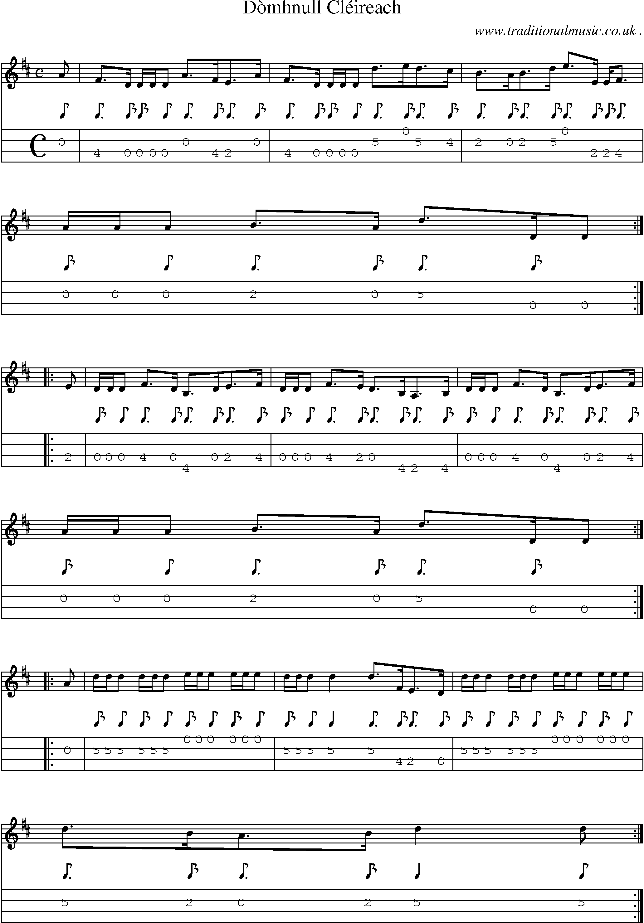 Sheet-music  score, Chords and Mandolin Tabs for Domhnull Cleireach