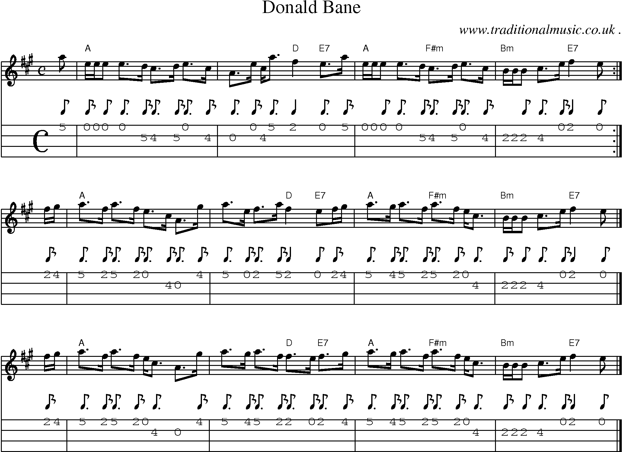 Sheet-music  score, Chords and Mandolin Tabs for Donald Bane