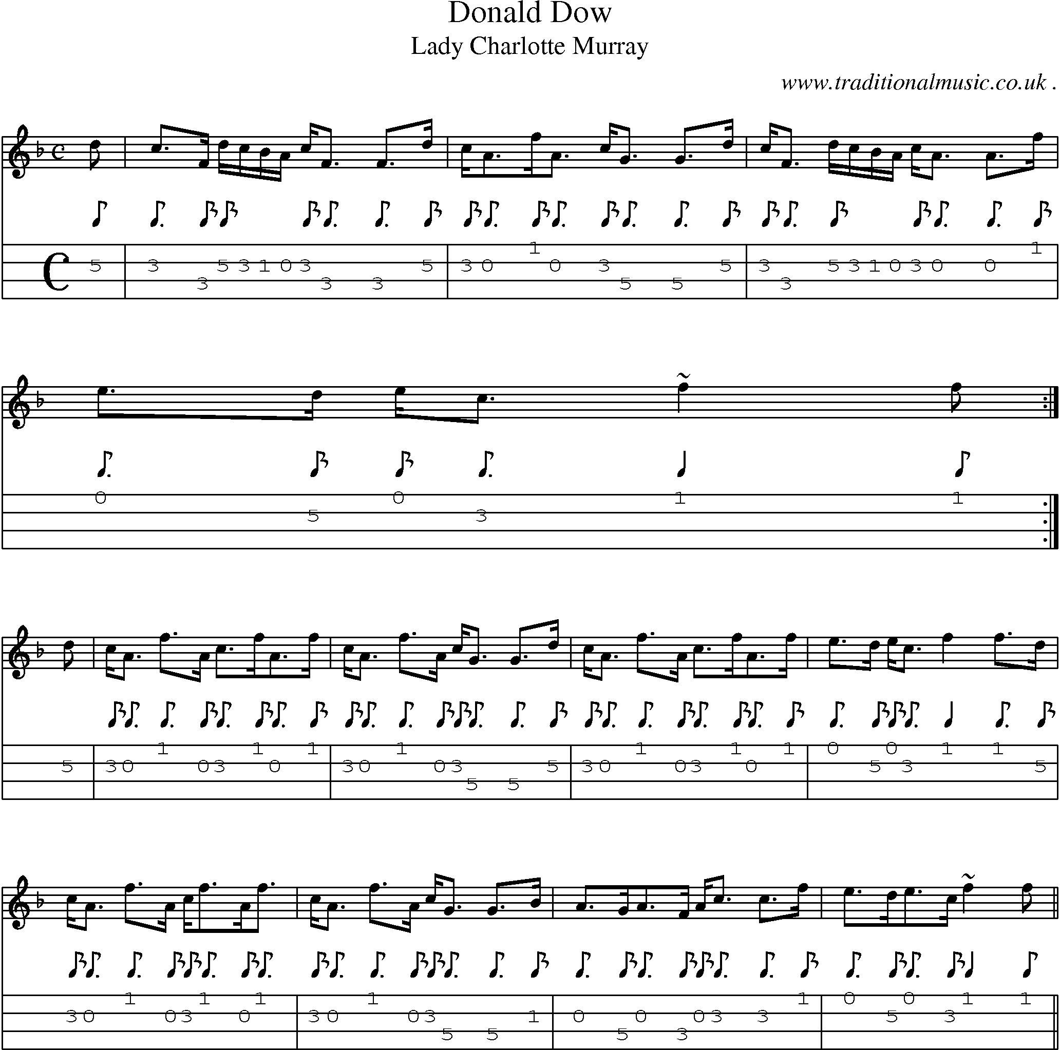 Sheet-music  score, Chords and Mandolin Tabs for Donald Dow