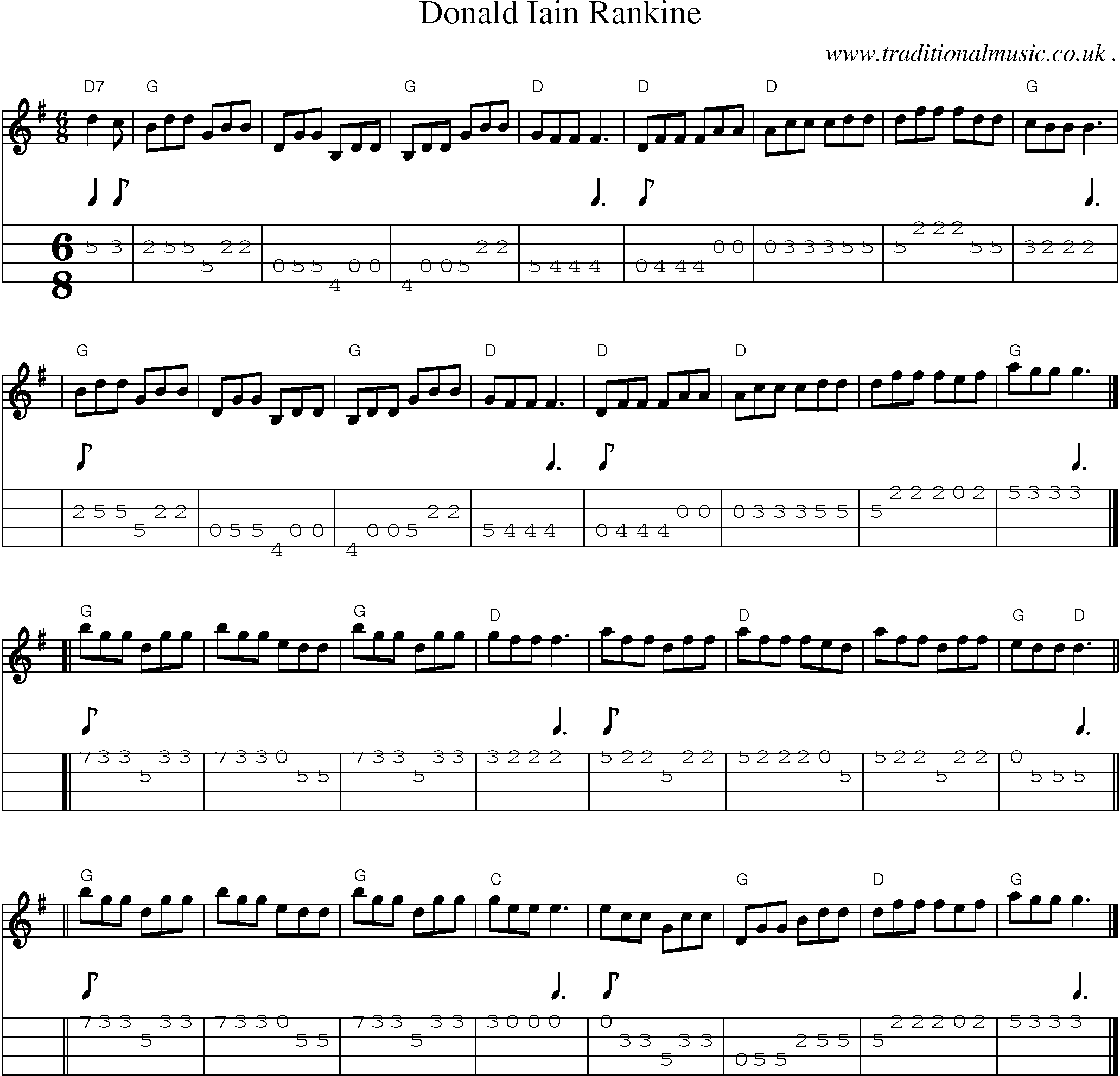 Sheet-music  score, Chords and Mandolin Tabs for Donald Iain Rankine