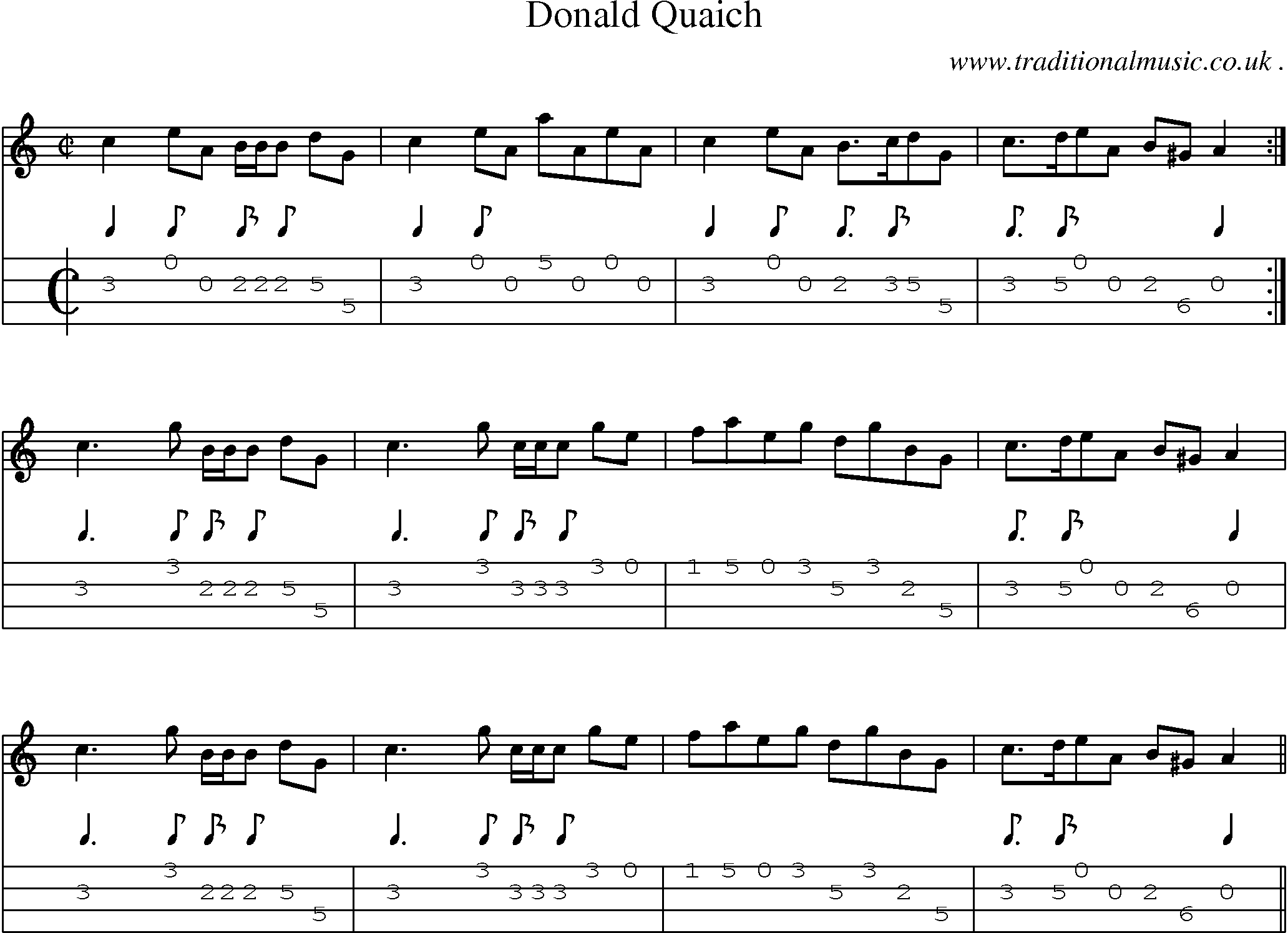 Sheet-music  score, Chords and Mandolin Tabs for Donald Quaich