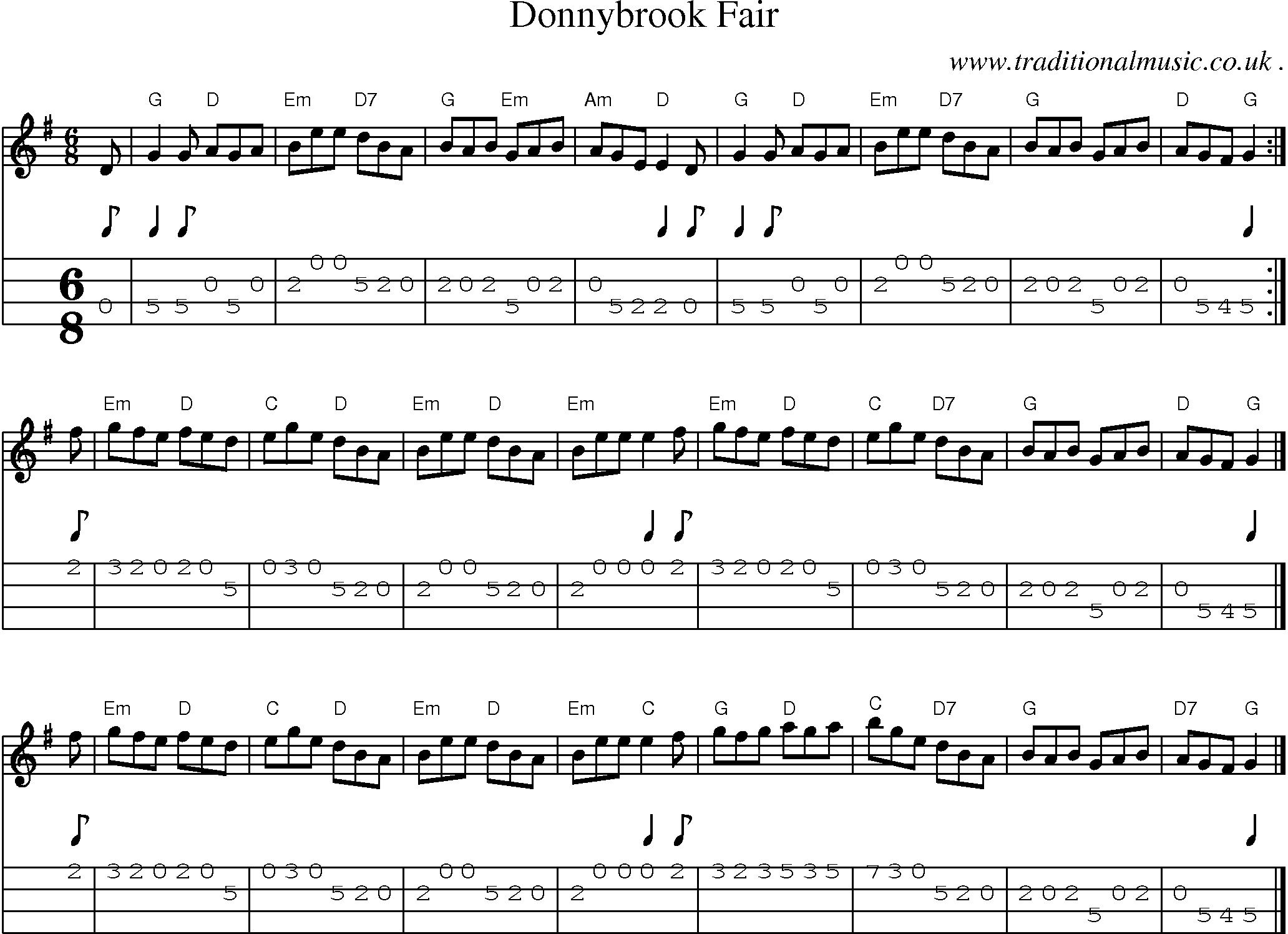 Sheet-music  score, Chords and Mandolin Tabs for Donnybrook Fair
