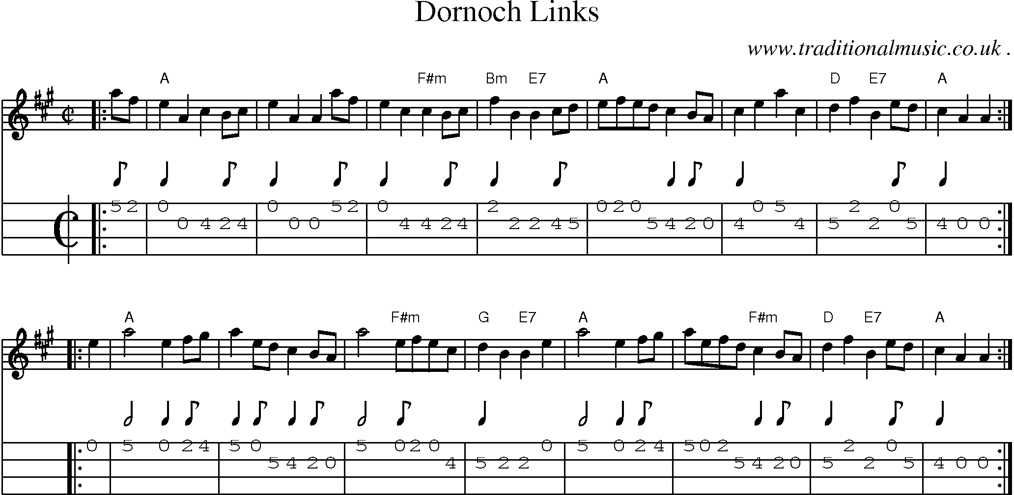 Sheet-music  score, Chords and Mandolin Tabs for Dornoch Links