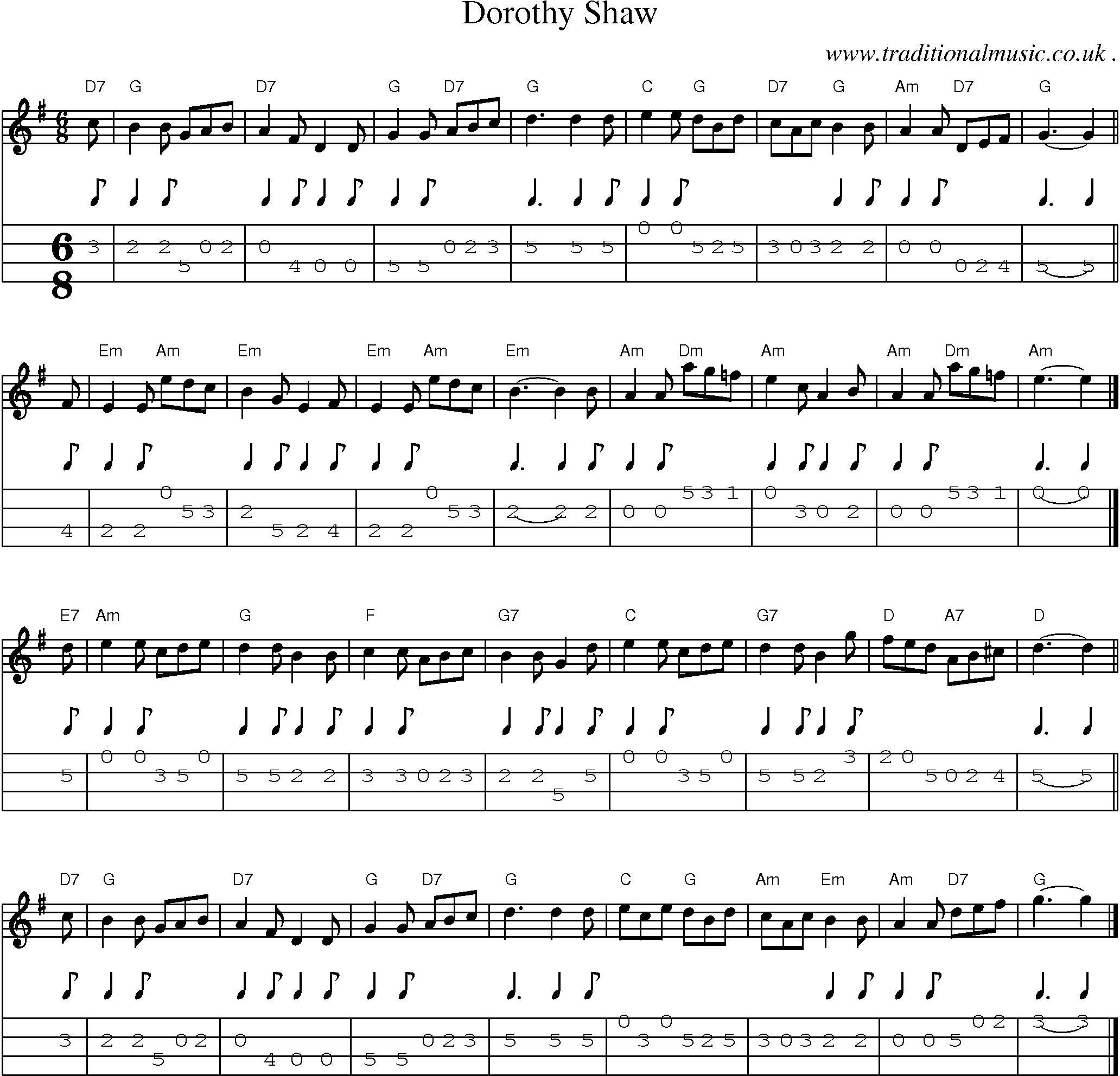 Sheet-music  score, Chords and Mandolin Tabs for Dorothy Shaw