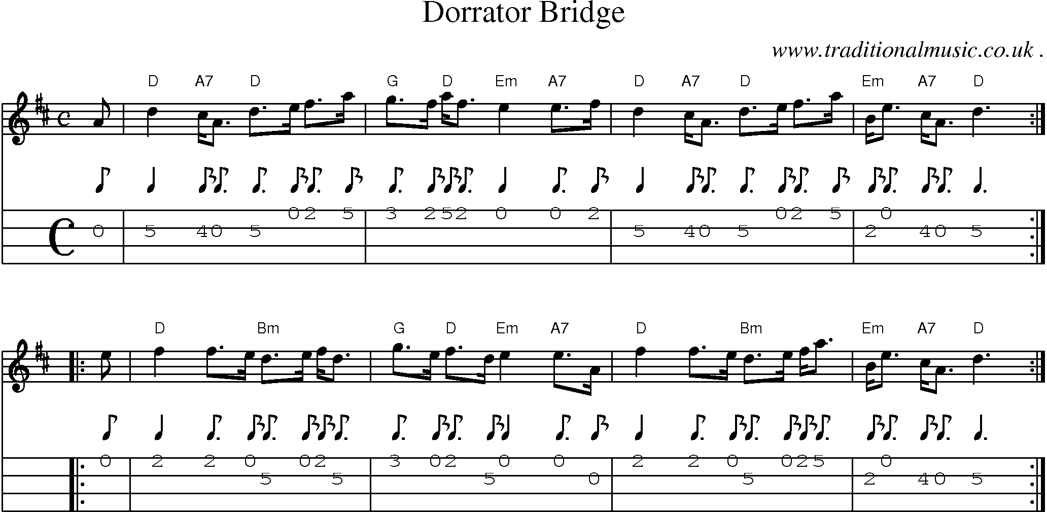 Sheet-music  score, Chords and Mandolin Tabs for Dorrator Bridge