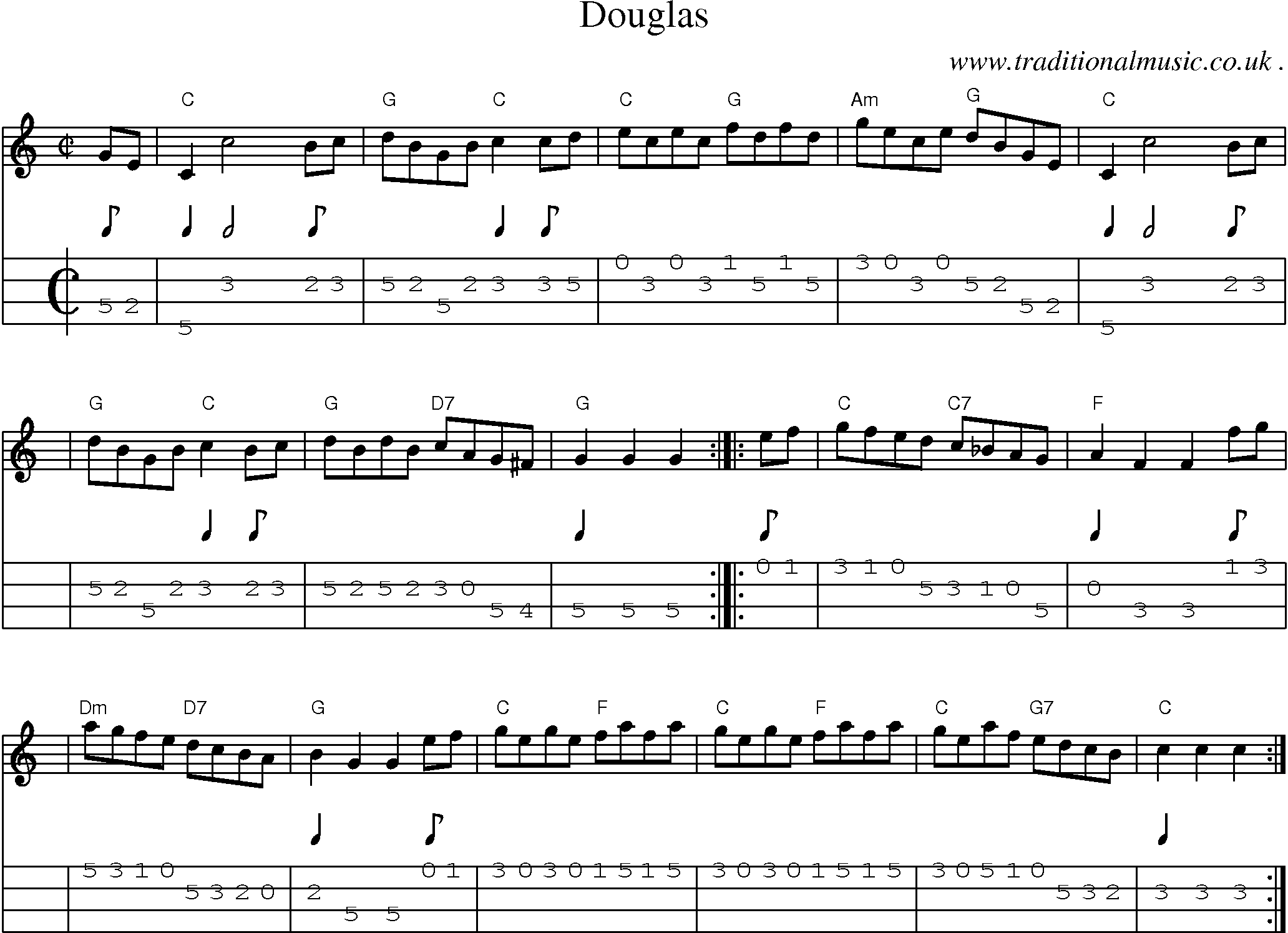 Sheet-music  score, Chords and Mandolin Tabs for Douglas