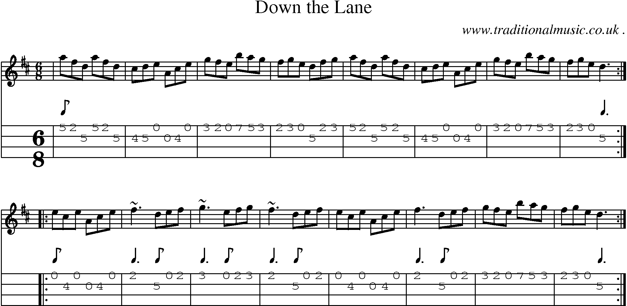 Sheet-music  score, Chords and Mandolin Tabs for Down The Lane