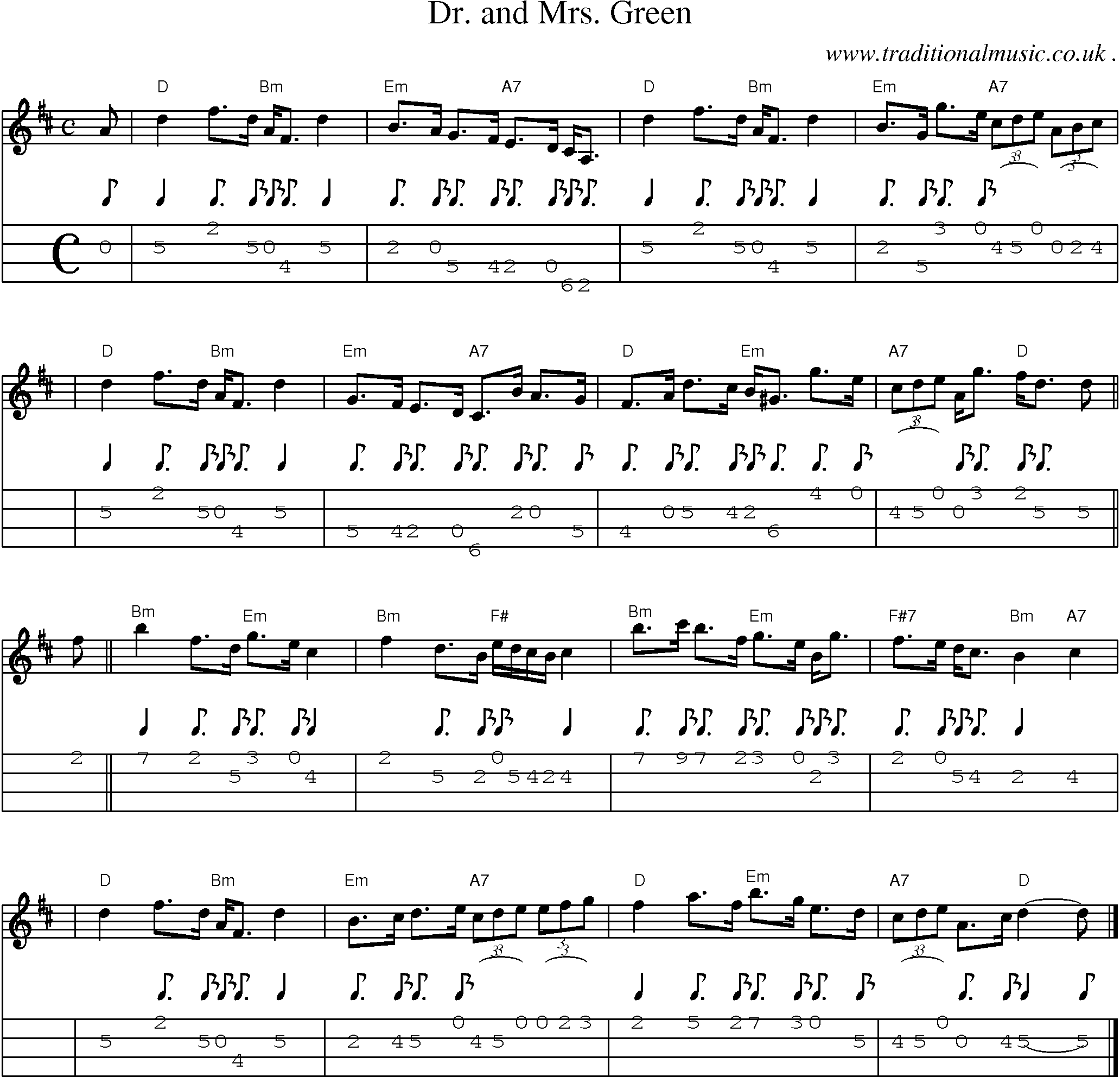 Sheet-music  score, Chords and Mandolin Tabs for Dr And Mrs Green