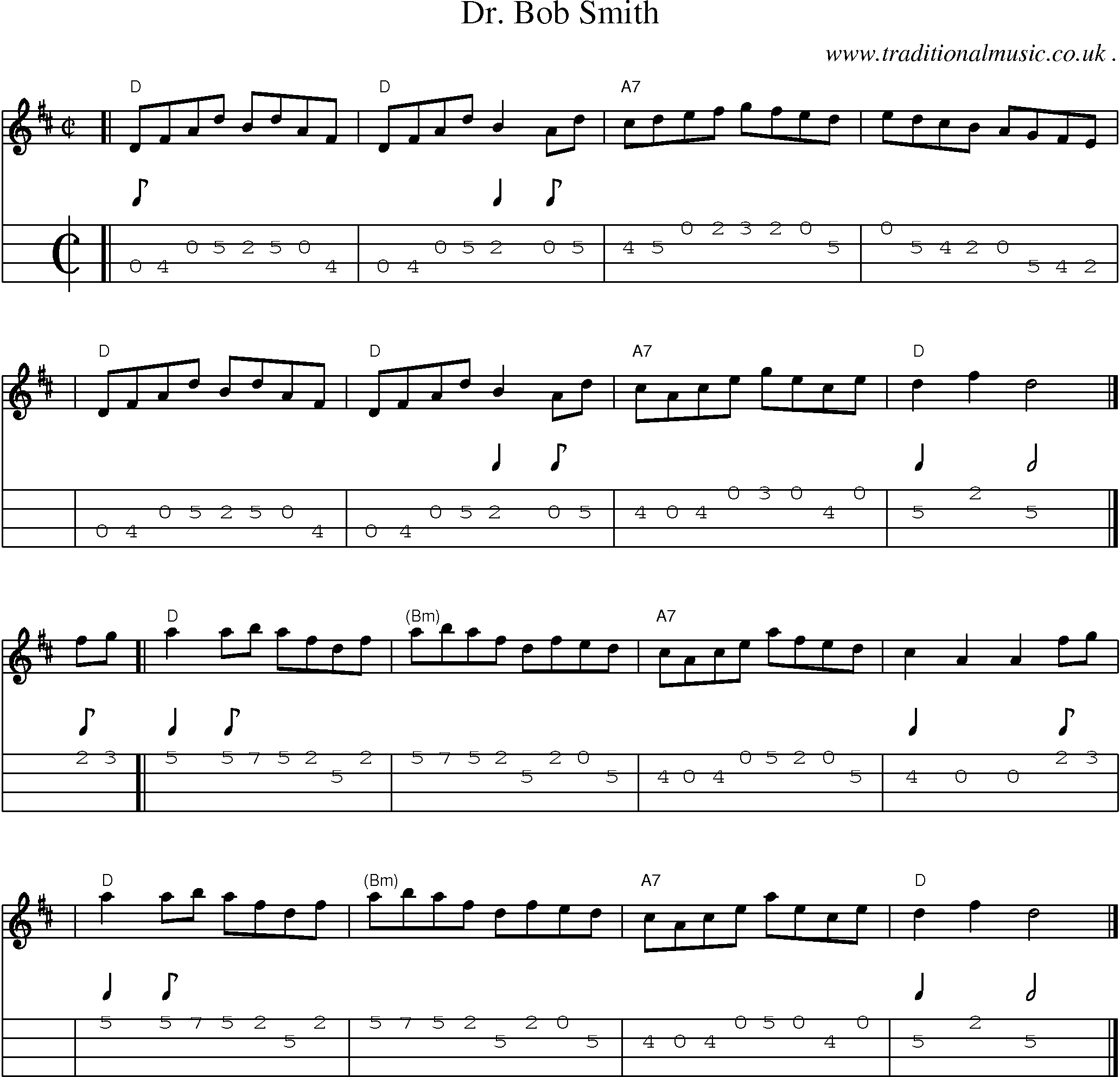 Sheet-music  score, Chords and Mandolin Tabs for Dr Bob Smith