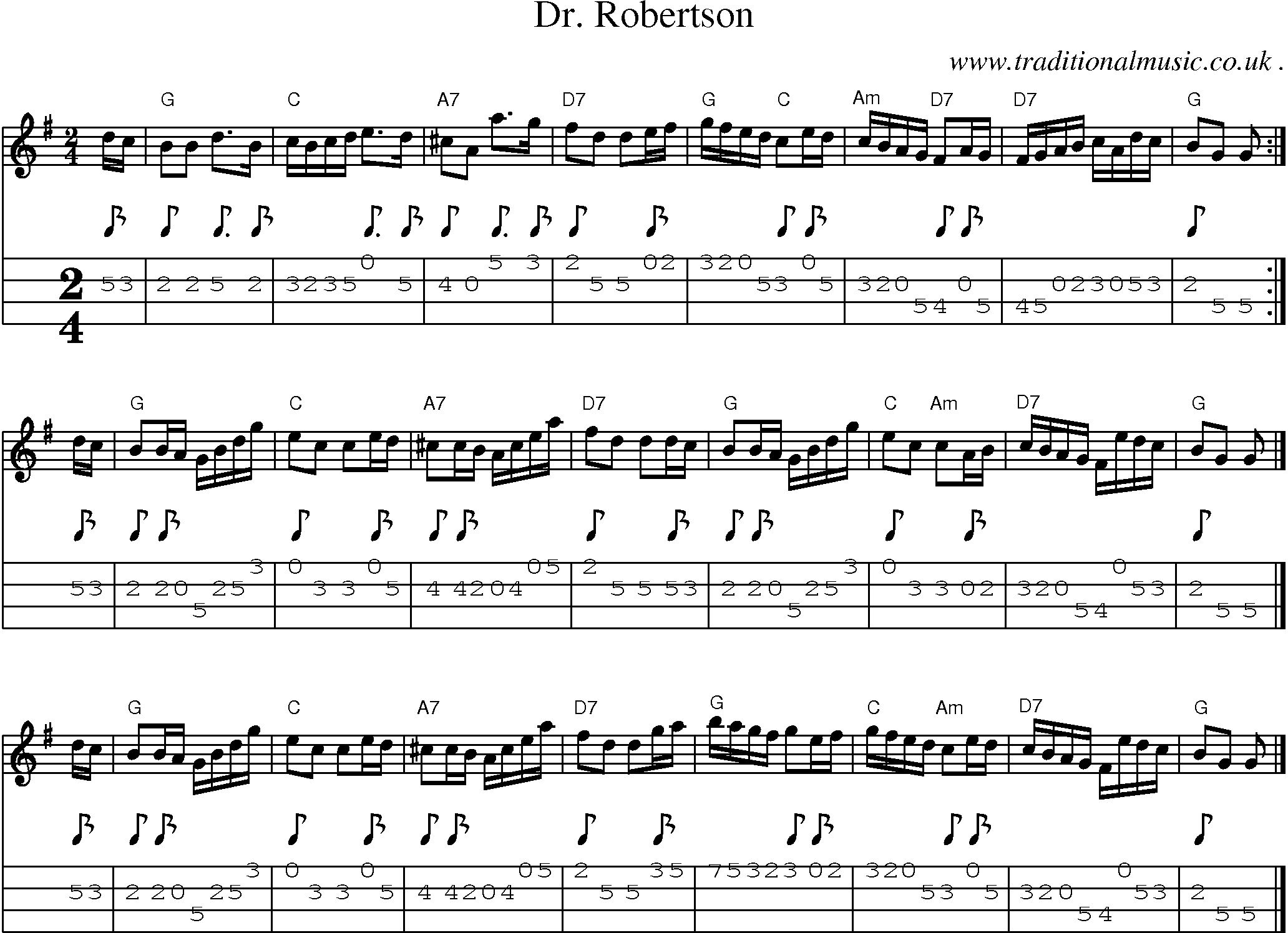 Sheet-music  score, Chords and Mandolin Tabs for Dr Robertson