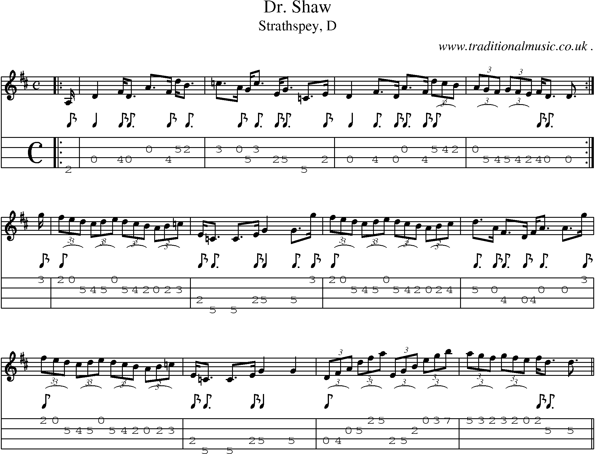 Sheet-music  score, Chords and Mandolin Tabs for Dr Shaw