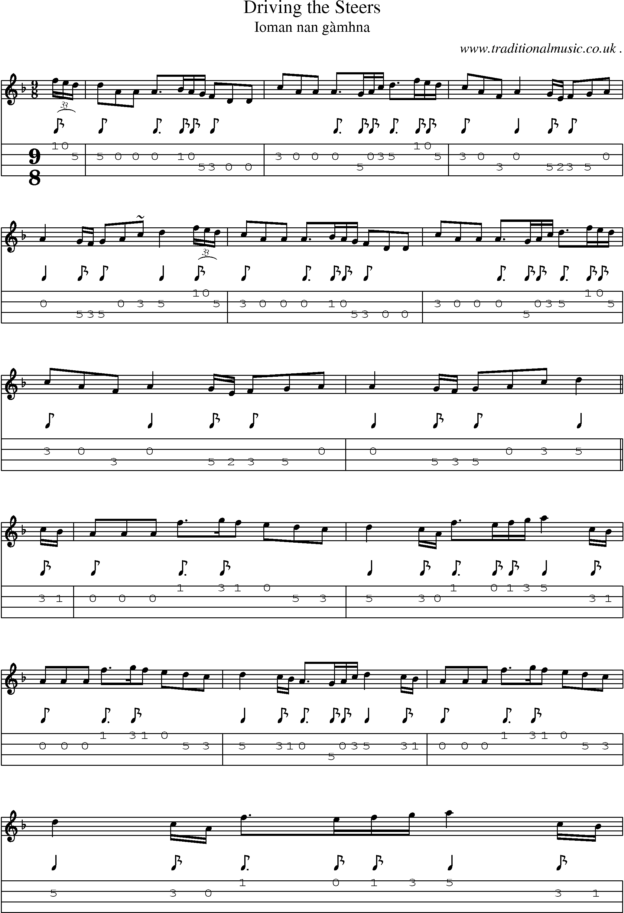 Sheet-music  score, Chords and Mandolin Tabs for Driving The Steers