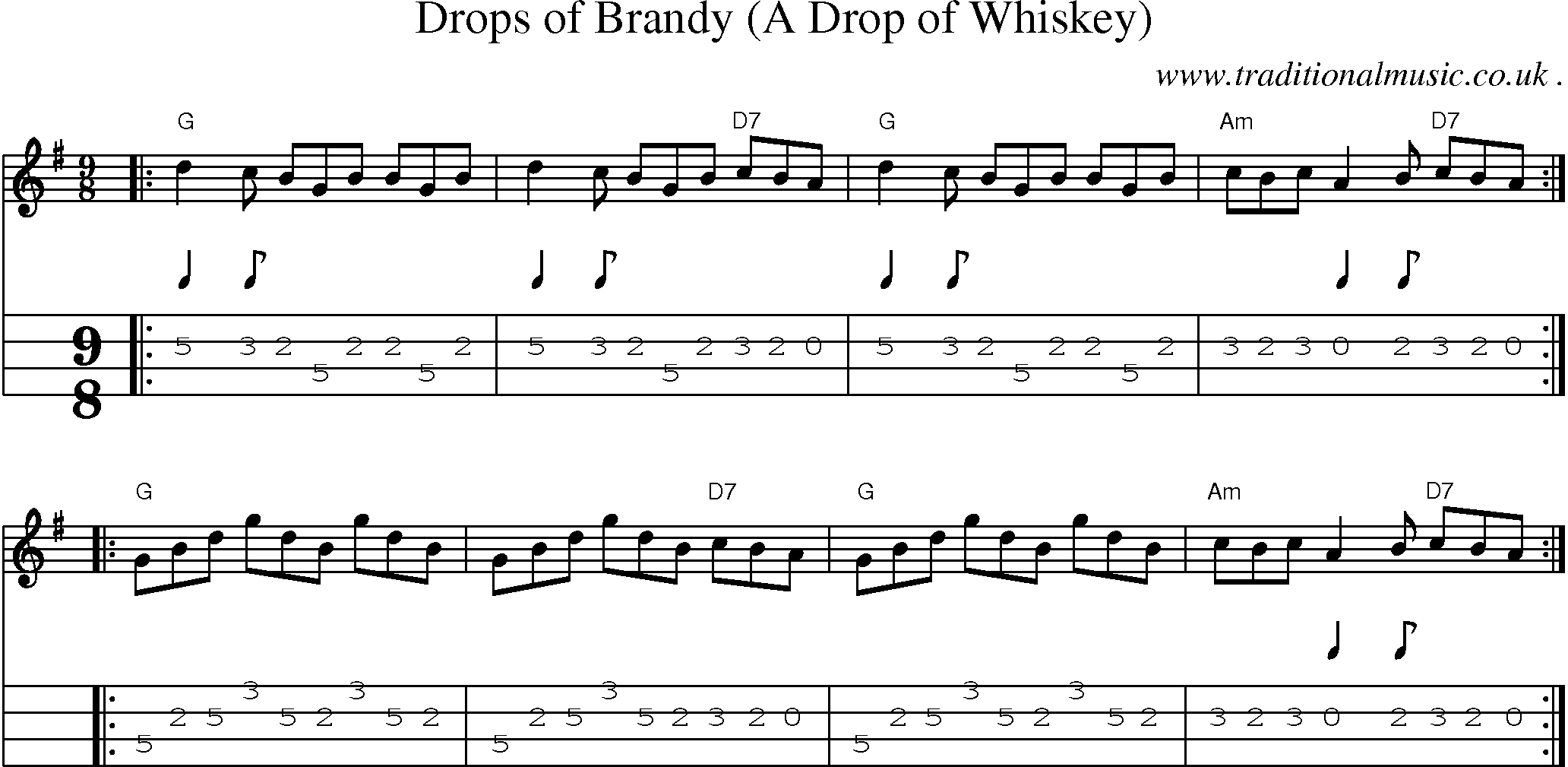Sheet-music  score, Chords and Mandolin Tabs for Drops Of Brandy A Drop Of Whiskey
