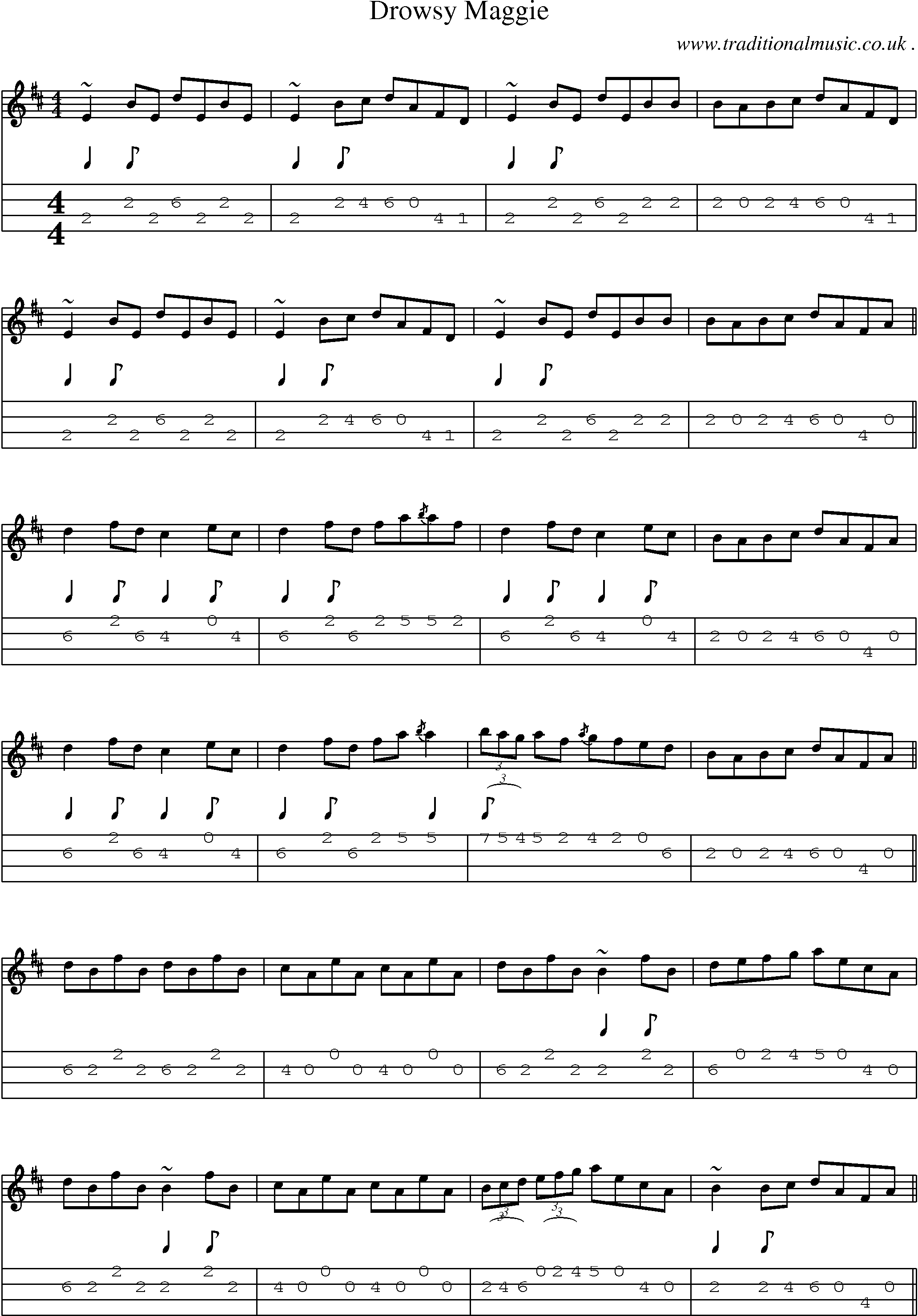 Sheet-music  score, Chords and Mandolin Tabs for Drowsy Maggie