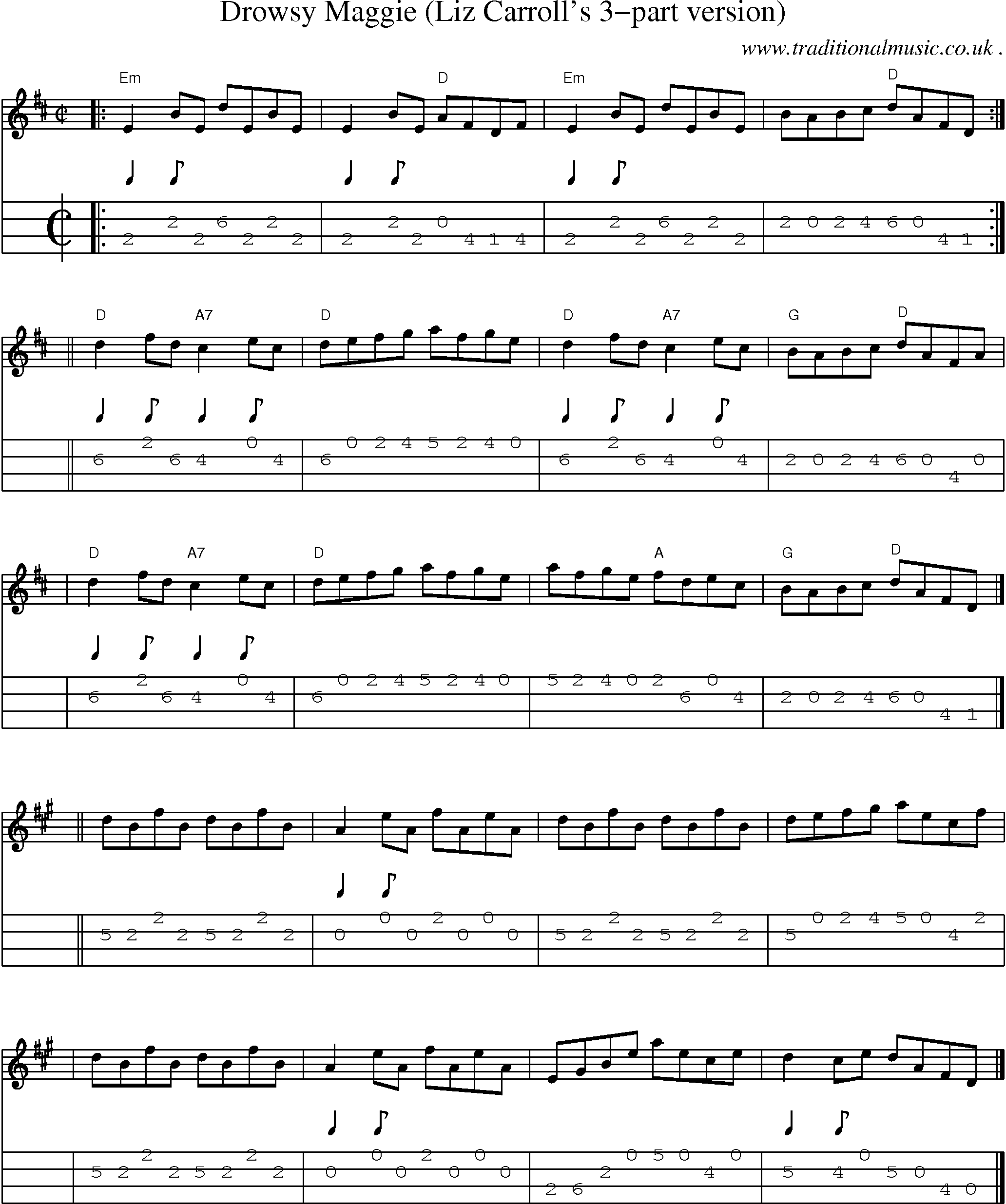 Sheet-music  score, Chords and Mandolin Tabs for Drowsy Maggie Liz Carrolls 3-part Version