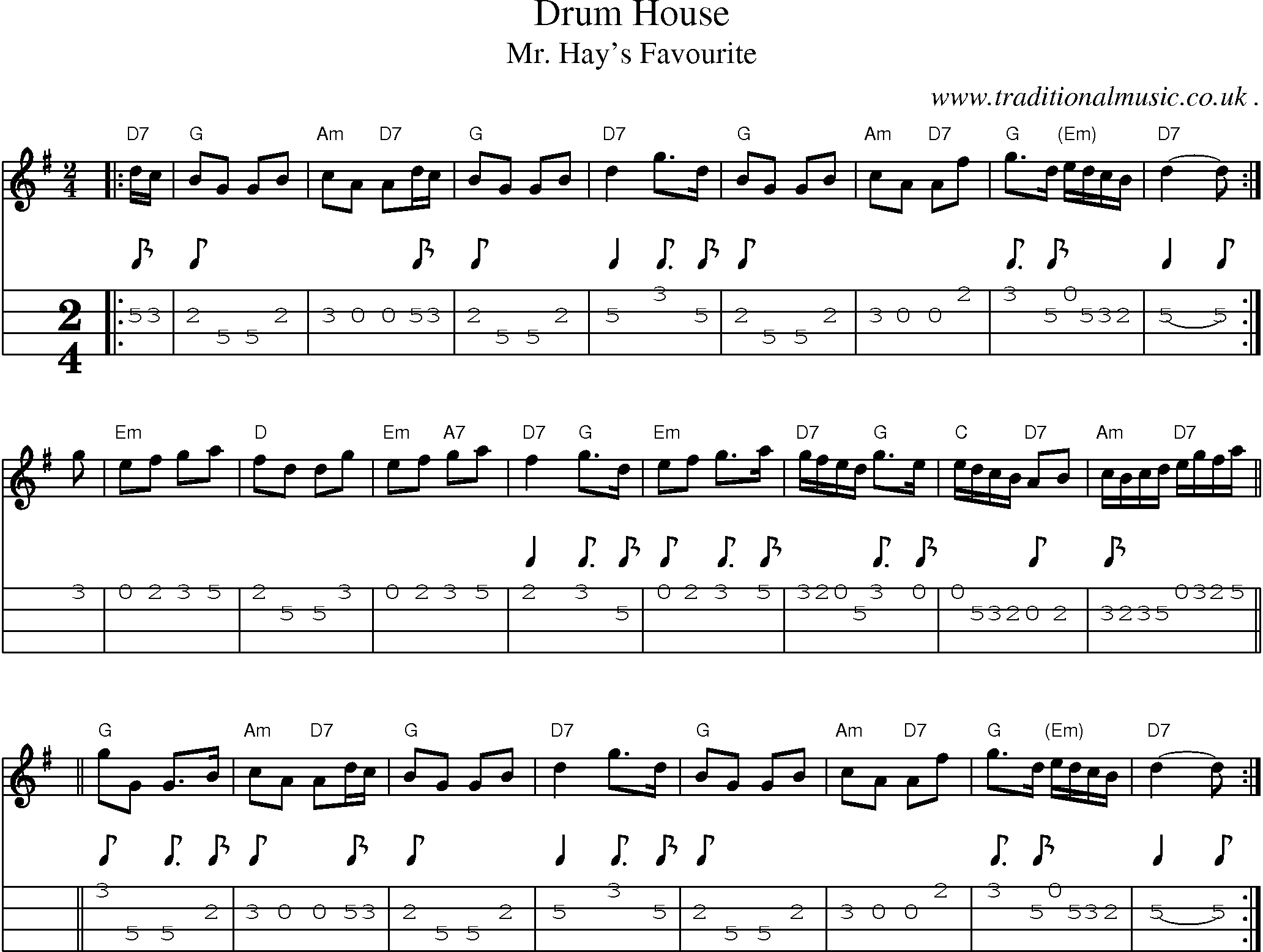 Sheet-music  score, Chords and Mandolin Tabs for Drum House