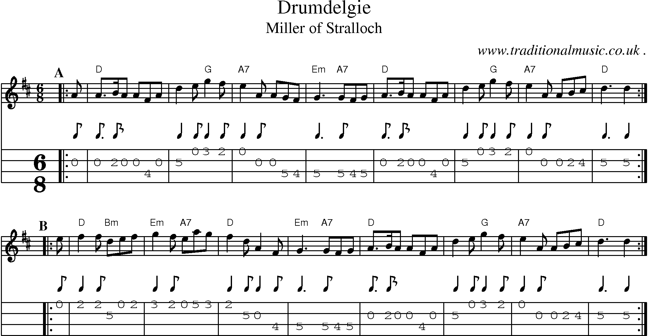 Sheet-music  score, Chords and Mandolin Tabs for Drumdelgie