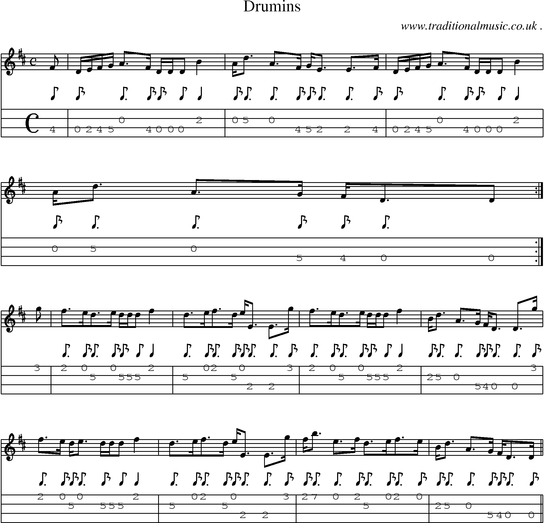 Sheet-music  score, Chords and Mandolin Tabs for Drumins