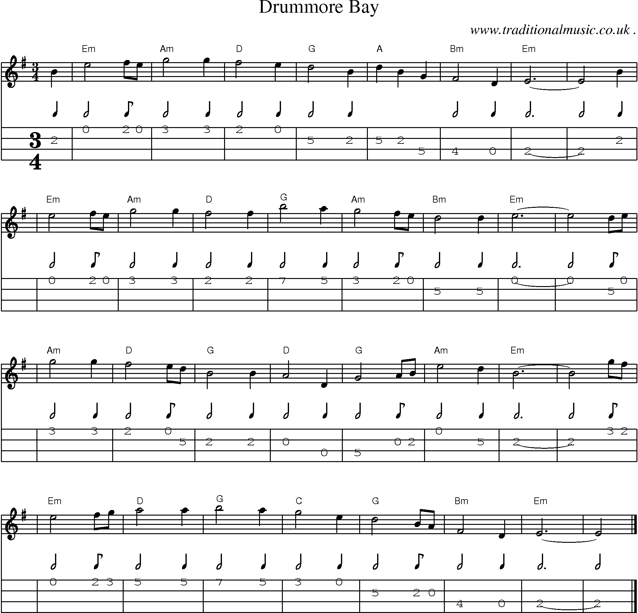 Sheet-music  score, Chords and Mandolin Tabs for Drummore Bay