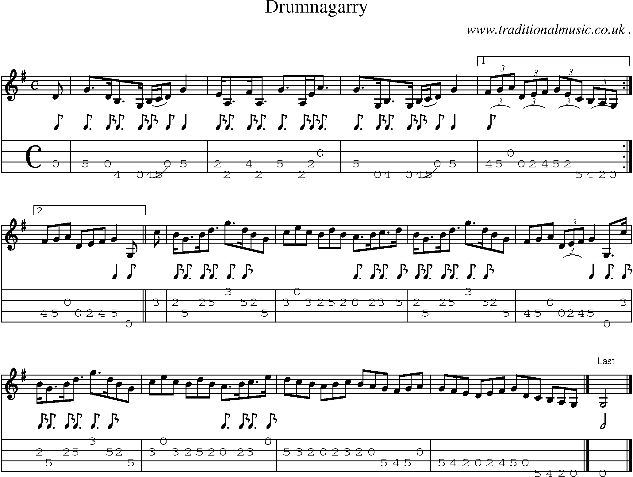 Sheet-music  score, Chords and Mandolin Tabs for Drumnagarry