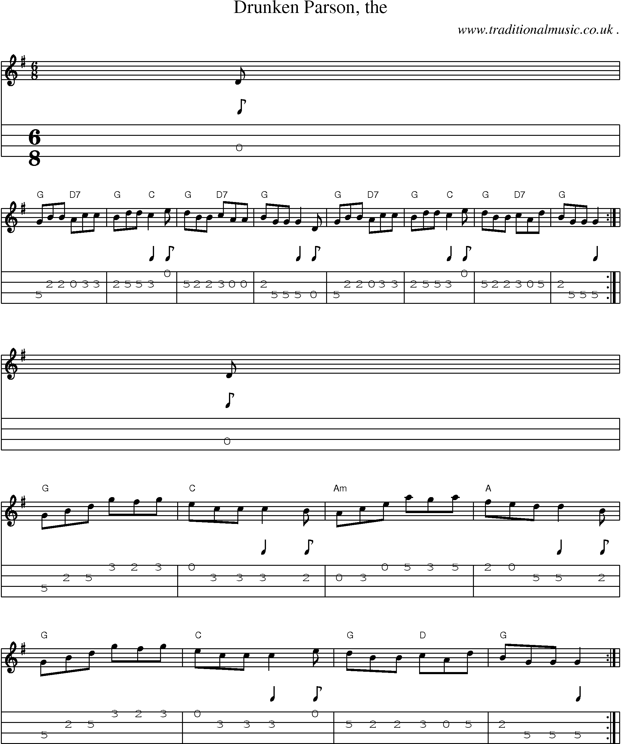 Sheet-music  score, Chords and Mandolin Tabs for Drunken Parson The