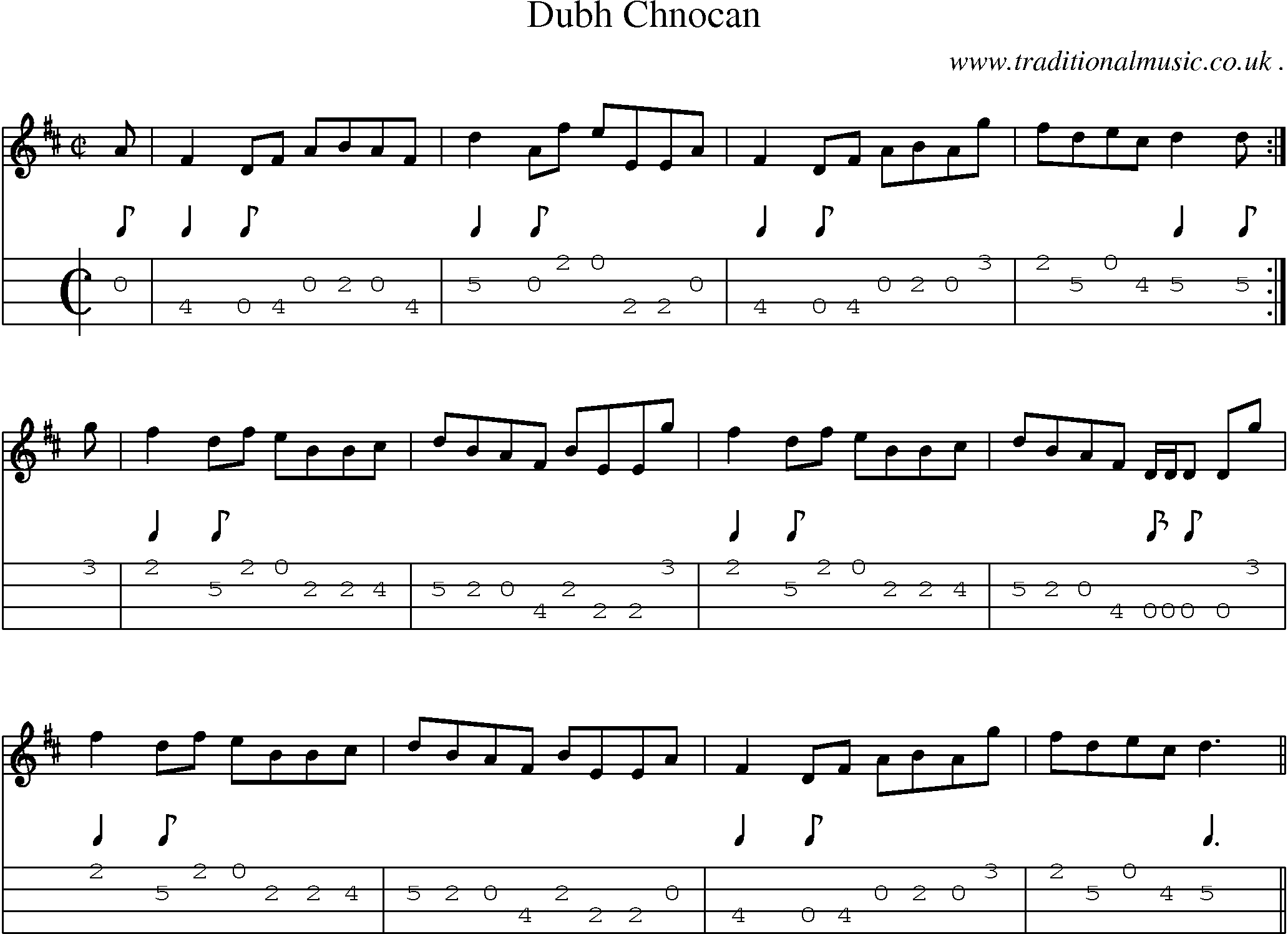 Sheet-music  score, Chords and Mandolin Tabs for Dubh Chnocan