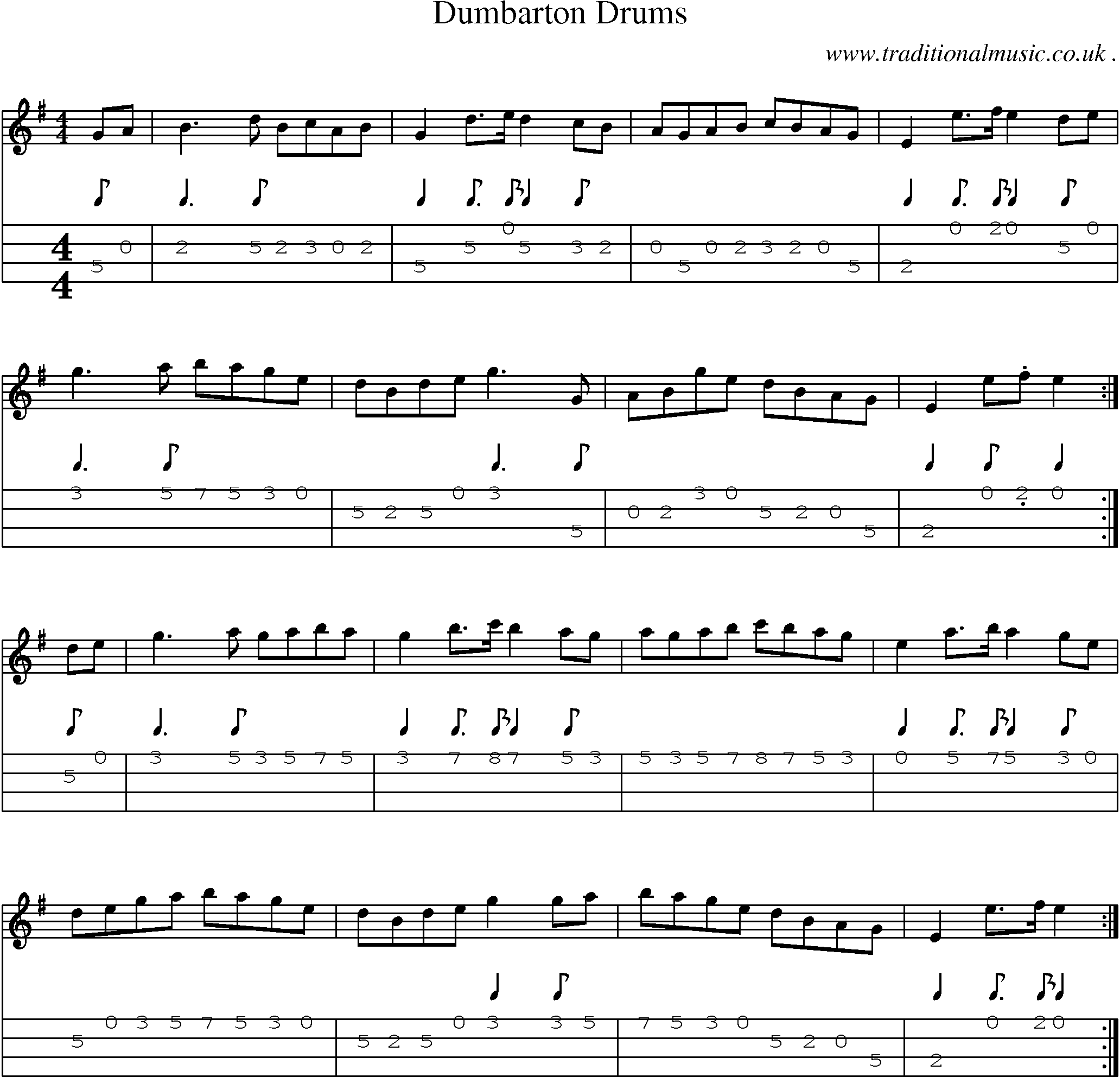 Sheet-music  score, Chords and Mandolin Tabs for Dumbarton Drums