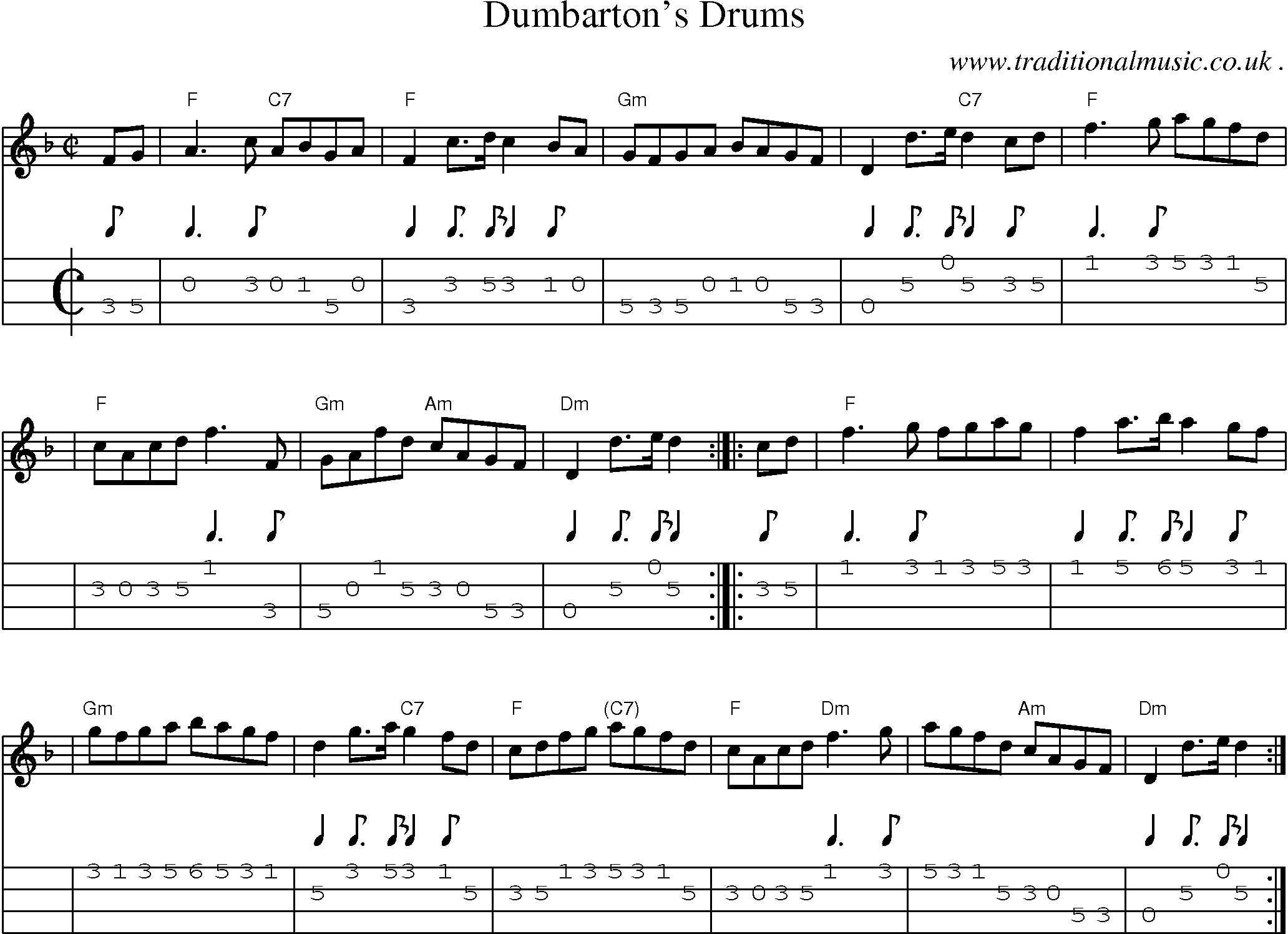 Sheet-music  score, Chords and Mandolin Tabs for Dumbartons Drums