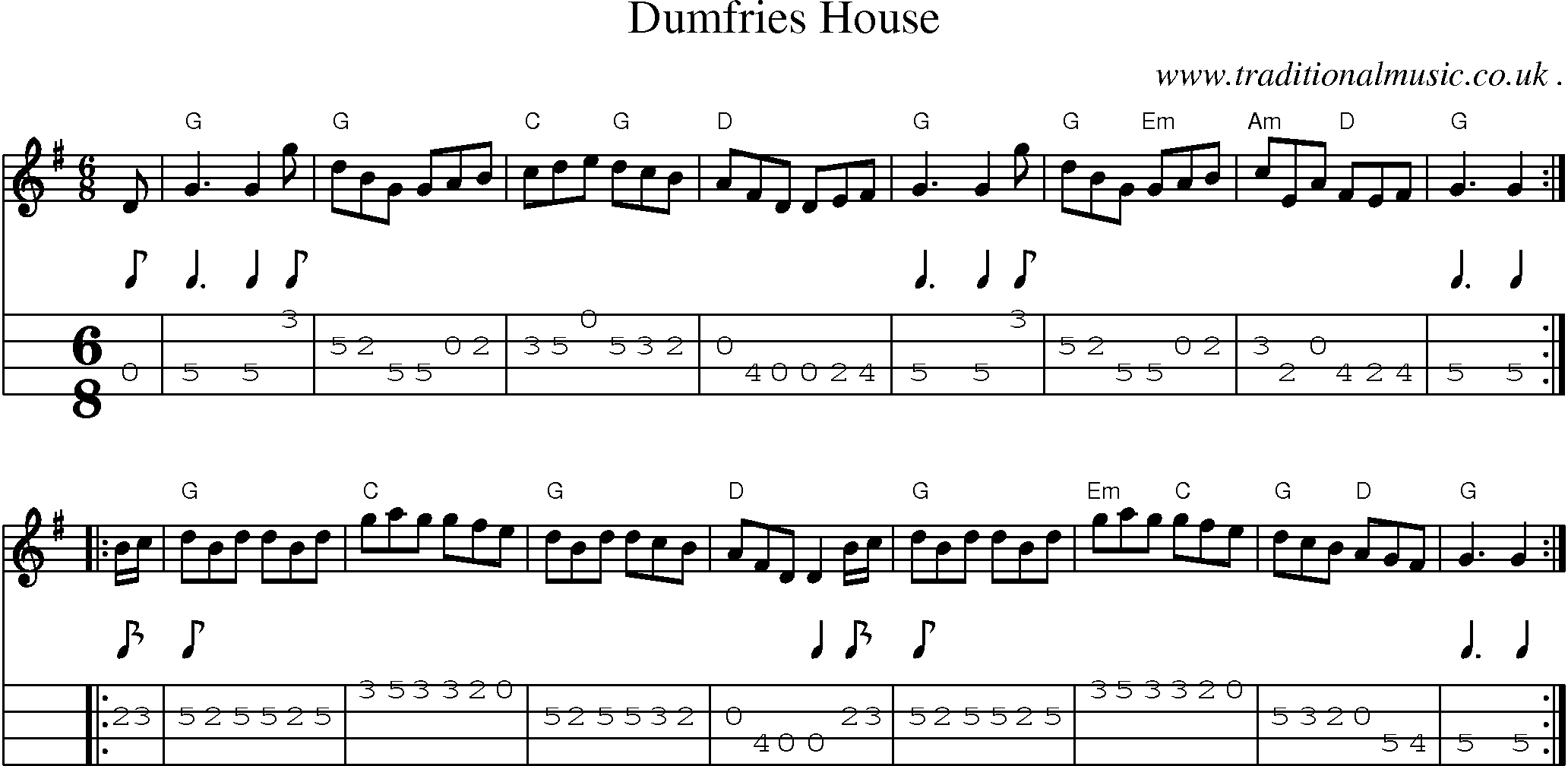 Sheet-music  score, Chords and Mandolin Tabs for Dumfries House