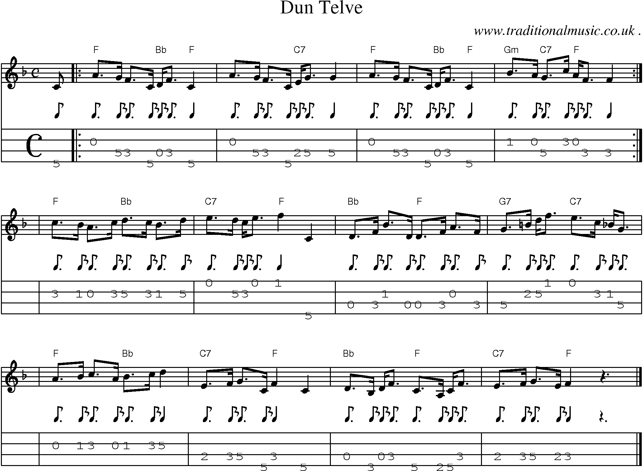 Sheet-music  score, Chords and Mandolin Tabs for Dun Telve