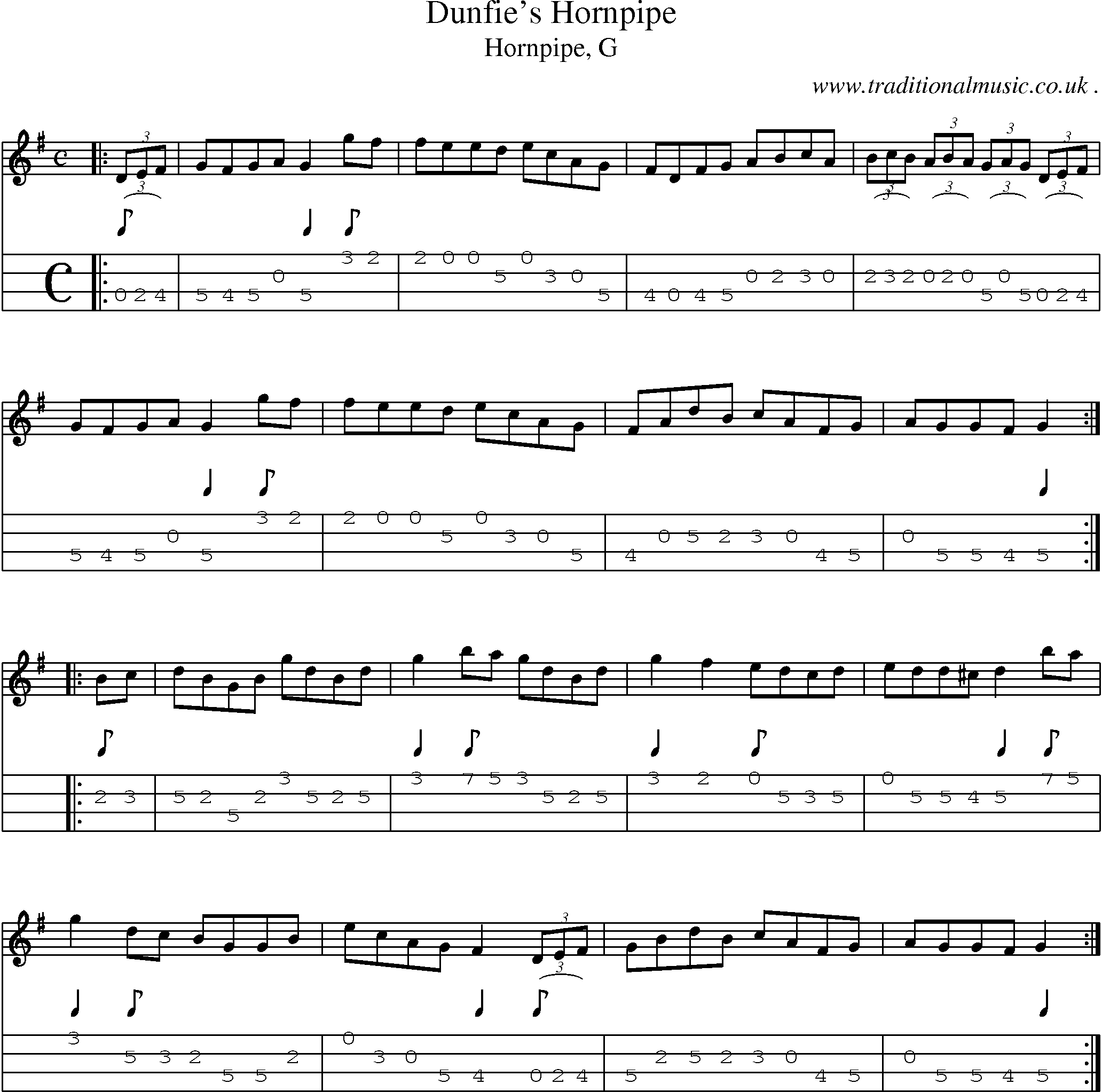 Sheet-music  score, Chords and Mandolin Tabs for Dunfies Hornpipe