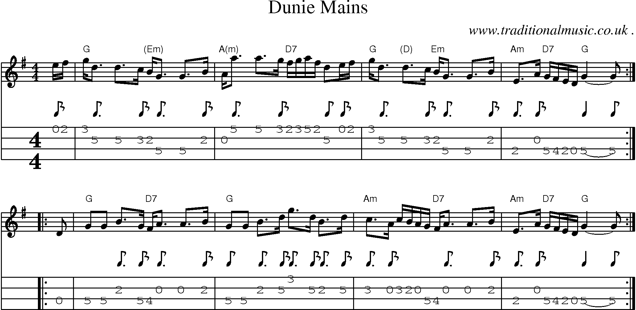 Sheet-music  score, Chords and Mandolin Tabs for Dunie Mains
